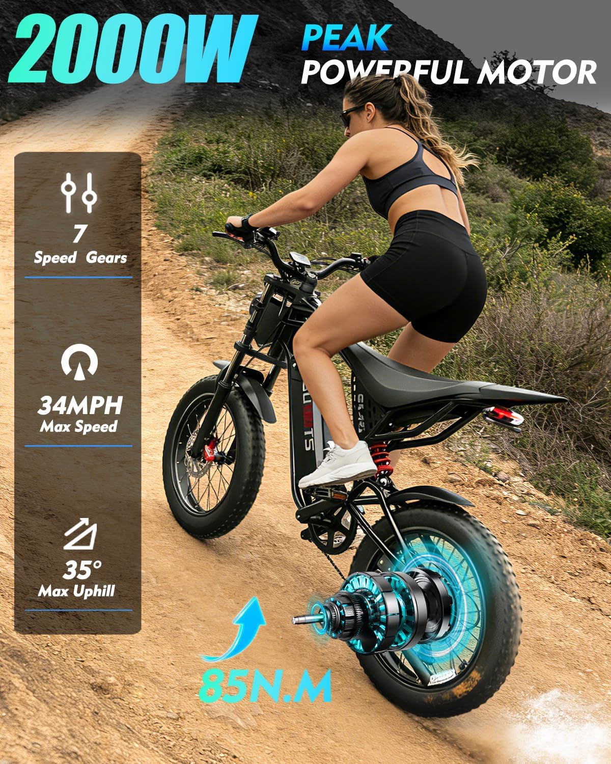 Rakowe Electric Bike for Adults, 1000W-2000W Peak, 20' Fat Tire Electric Dirt Bike, 48V Removable Battery, Up to 30-34MPH & 45-80 Miles, Full Suspension, Dual Disc Brakes, 7-Speed All-Terrain E-Bike