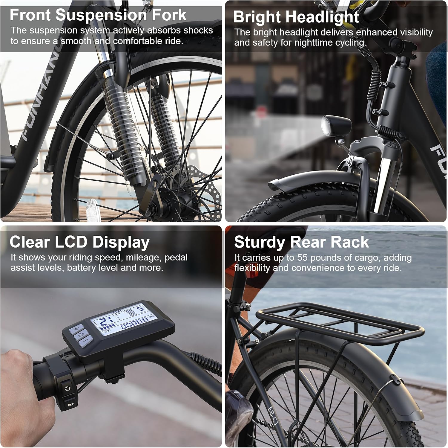 Funhang Electric Bike for Adults, 26' City Cruiser Ebike with 1000W Peak Motor, 20MPH 50 Miles Commuter Adult Electric Bicycles with 48V Battery, Adjustable Stem, 7-Speed, UL 2849 Certified