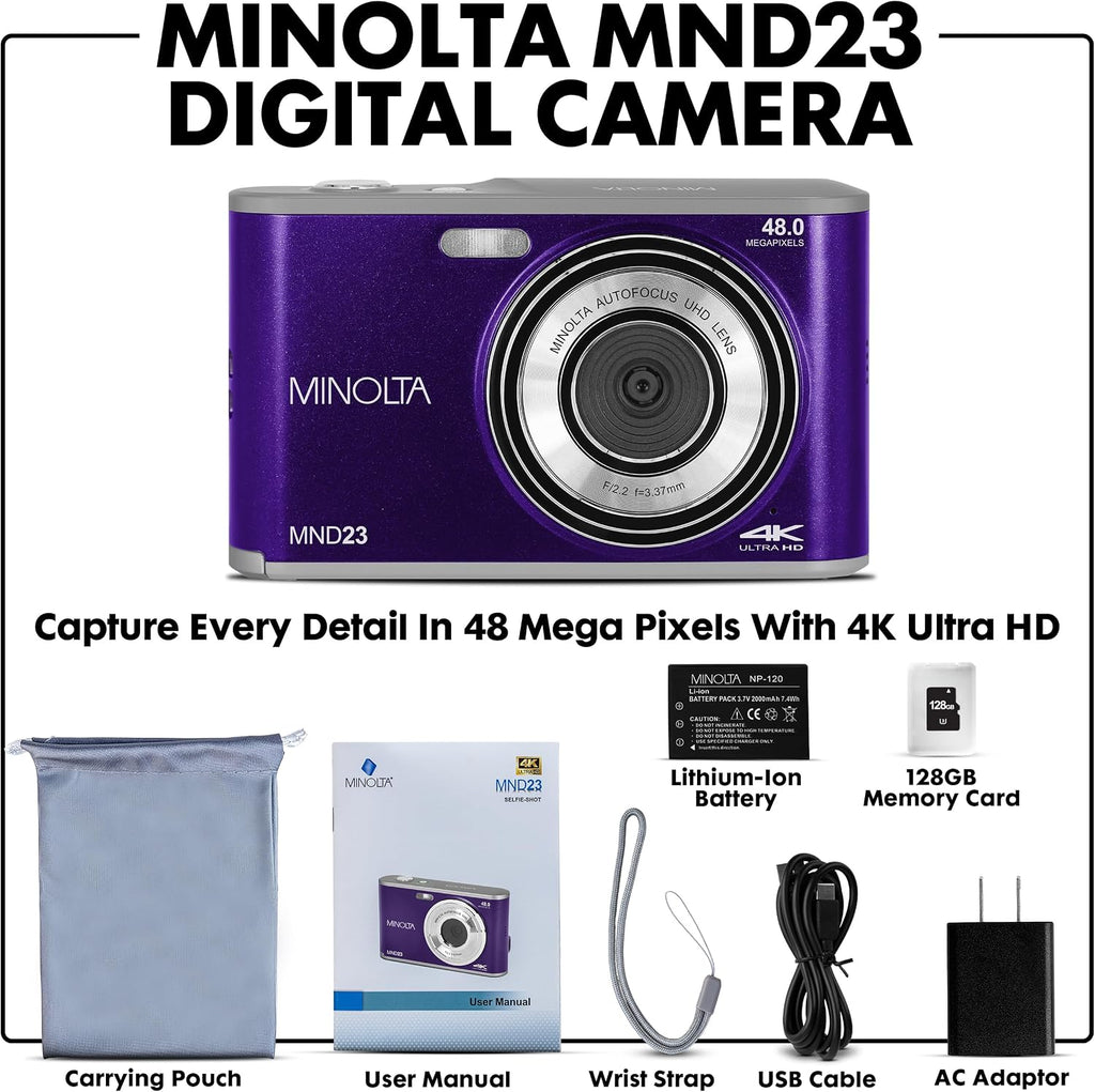 Minolta 48MP Digital Camera with Rear Selfie Lens – 4K Ultra HD Video, 2.8' LCD Screen, 16X Digital Zoom, Autofocus, Slow Motion, Time Lapse, Filters, Scene Modes, 32GB Card Included (Purple)