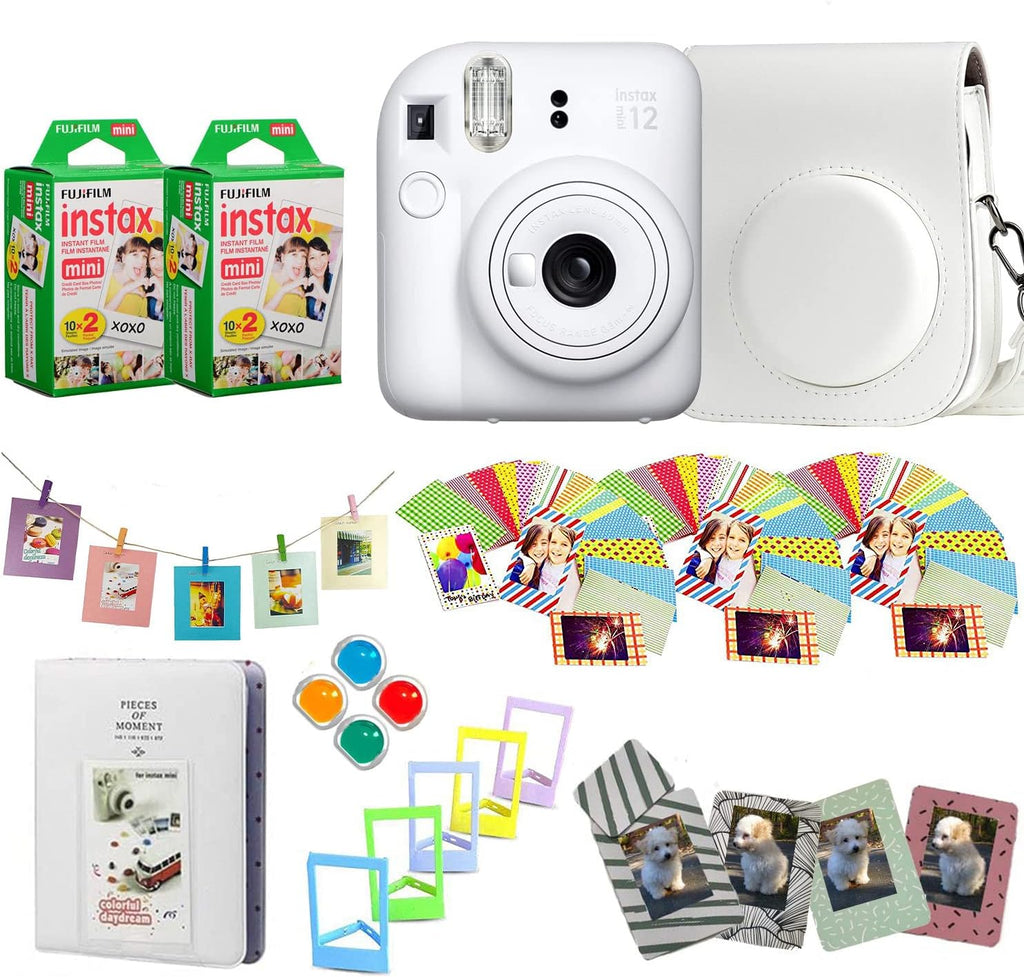 Fujifilm Instax Mini 12 Instant Camera + Pro Design Accessory Bundle with Protective Case, Magnetic Frames, Album, Frames Design Kit (40 Sheets) (Clay White)