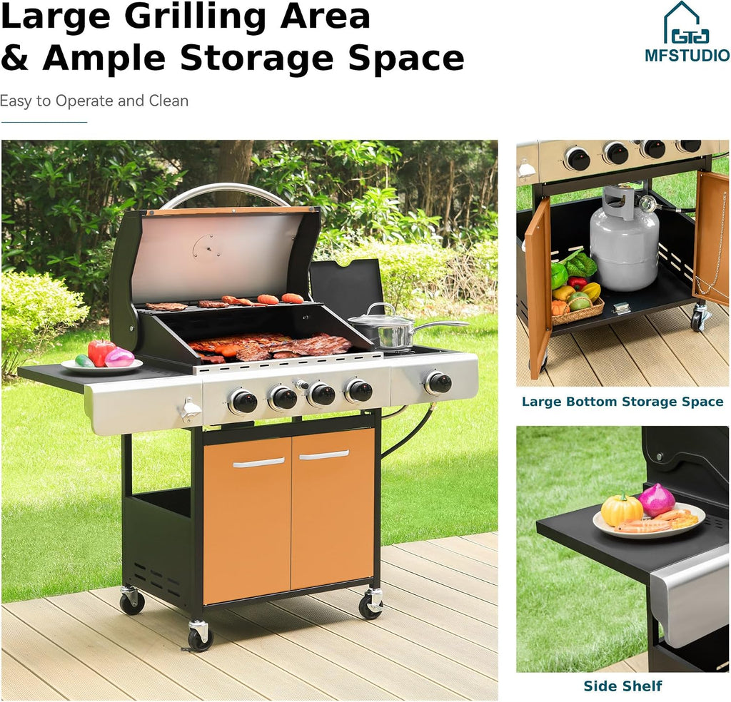MFSTUDIO 4-Burner Propane Gas Grill, Stainless Steel BBQ Grill with Side Burner and Porcelain-Enameled Cast Iron Grates, High Output Gas BBQ Grills for Barbeque and Outdoor Cooking, Gold