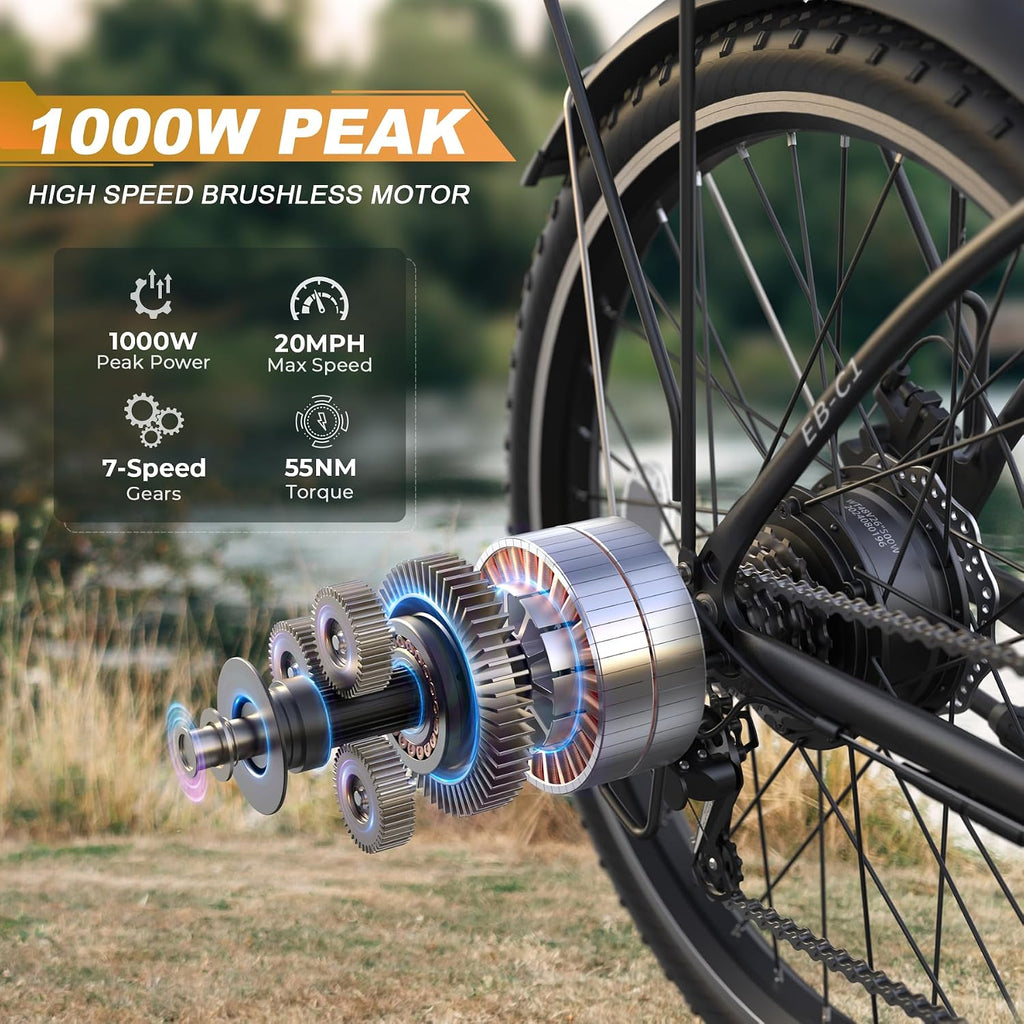 Funhang Electric Bike for Adults, 26' City Cruiser Ebike with 1000W Peak Motor, 20MPH 50 Miles Commuter Adult Electric Bicycles with 48V Battery, Adjustable Stem, 7-Speed, UL 2849 Certified