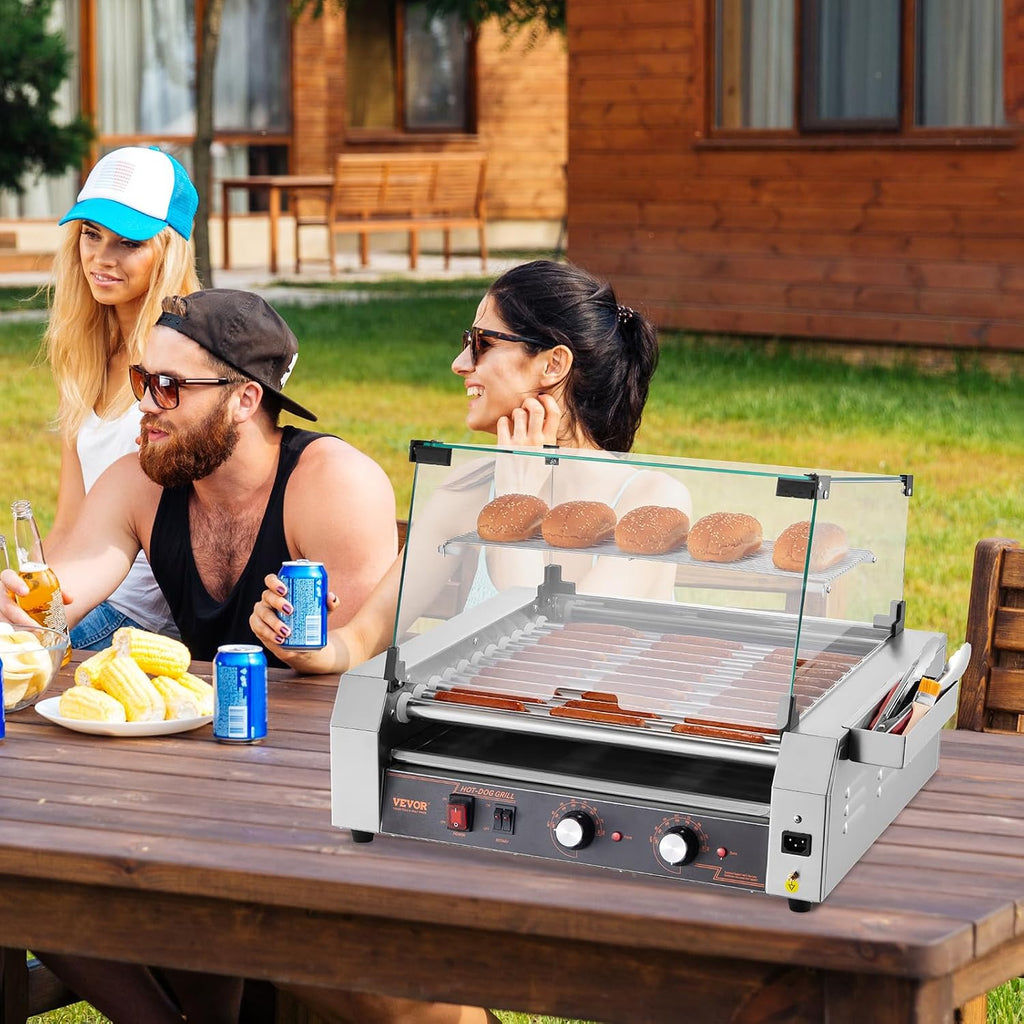 VEVOR Hot Dog Roller, 30 Hot Dog 11 Rollers, Stainless Steel Sausage Grill Cooker, 1600W Commercial Hot Dog Machine with Dual Temp Control, Cover, Side Storage Box, Removable Shelf & Oil Drip Tray