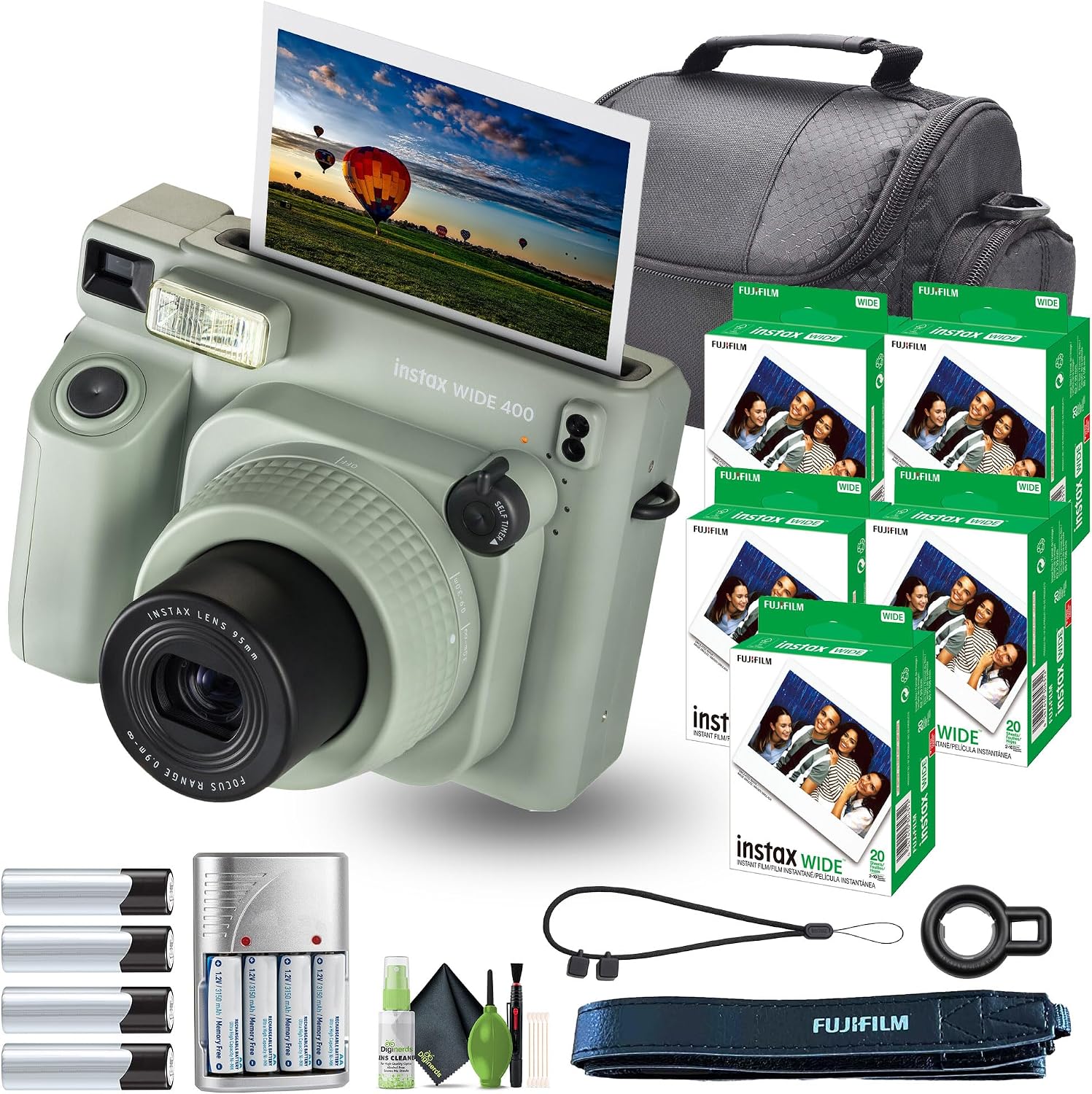 Fujifilm Instax Wide 400 Instant Film Camera Bundle with Fuji Instax Wide Instant Film Color Print (100 Sheets) + Travel Bag + Rechargeable Batteries with Charger and Lens Cleaning Kit