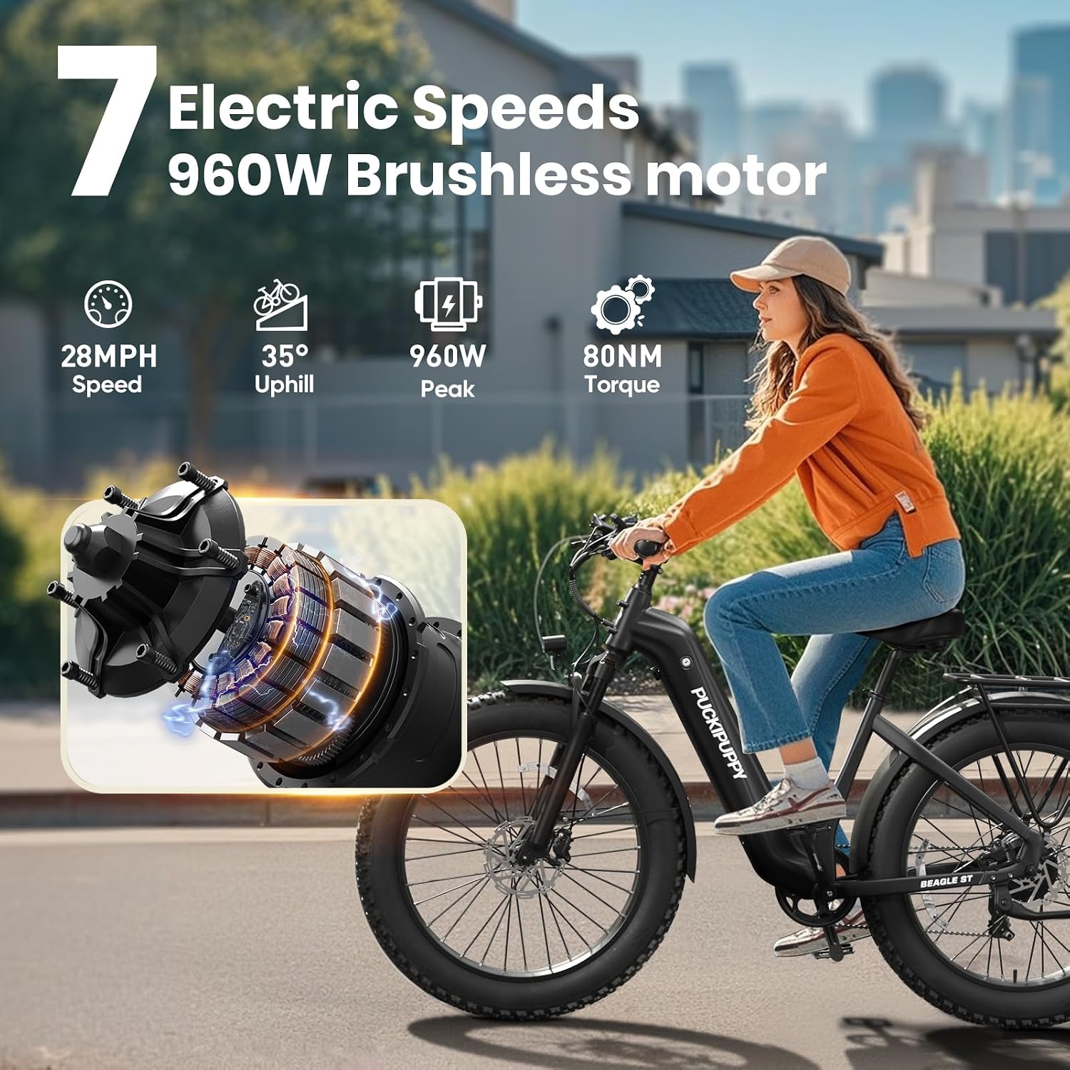 PUCKIPUPPY Electric Bike for Adults 960W, 26' Fat Tire, Step-Through Design Electric Mountain Hunting Bike, 48V 15AH Max 28MPH Off-Road Ebike with Rear Storage Shelf