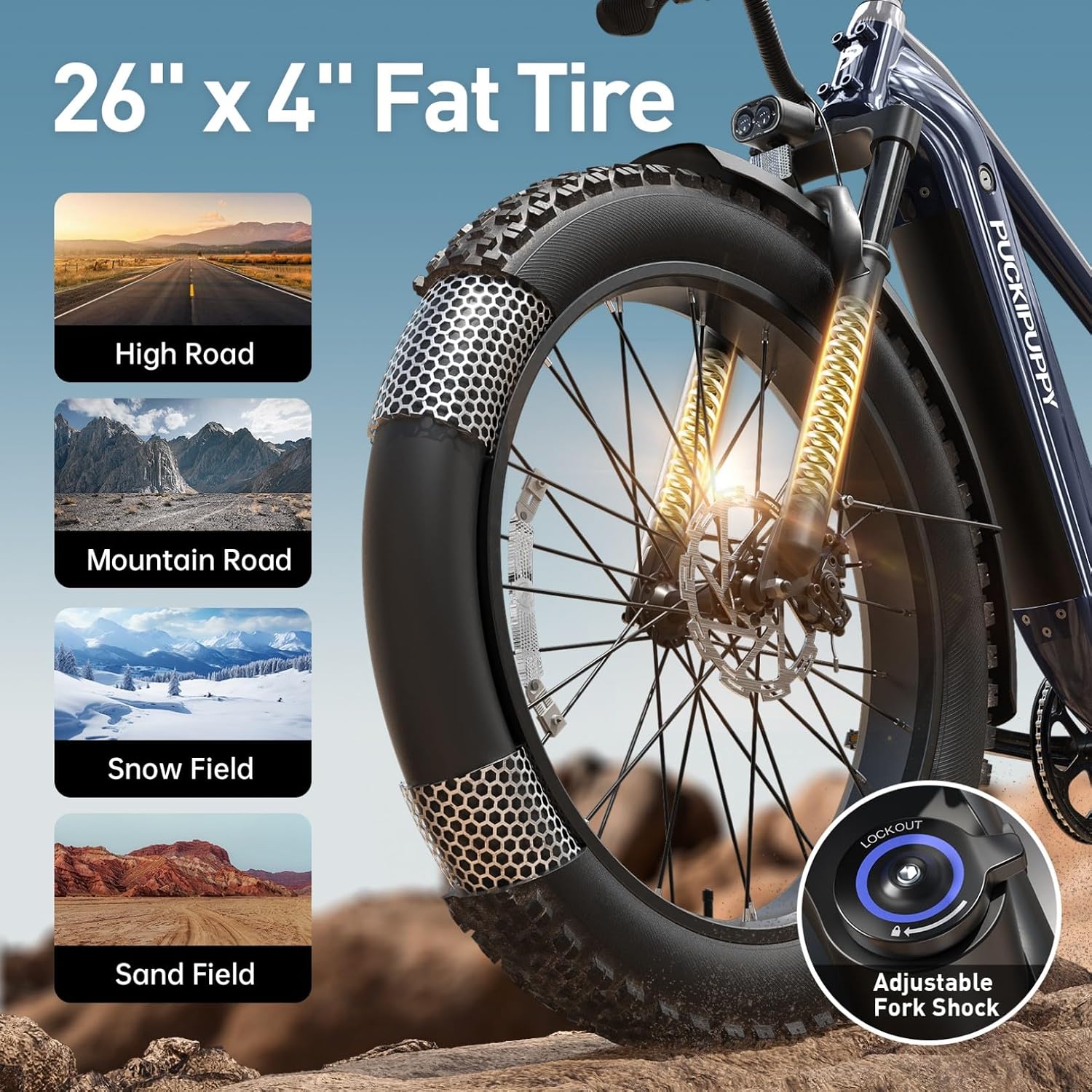 PUCKIPUPPY Electric Bike for Adults 960W, 26' Fat Tire 80Miles Range Electric Mountain Bike, 48V 15AH Removable Battery Ebike, 28MPH 7 Speed Aluminum Frame E Bike with Rear Storage Shelf