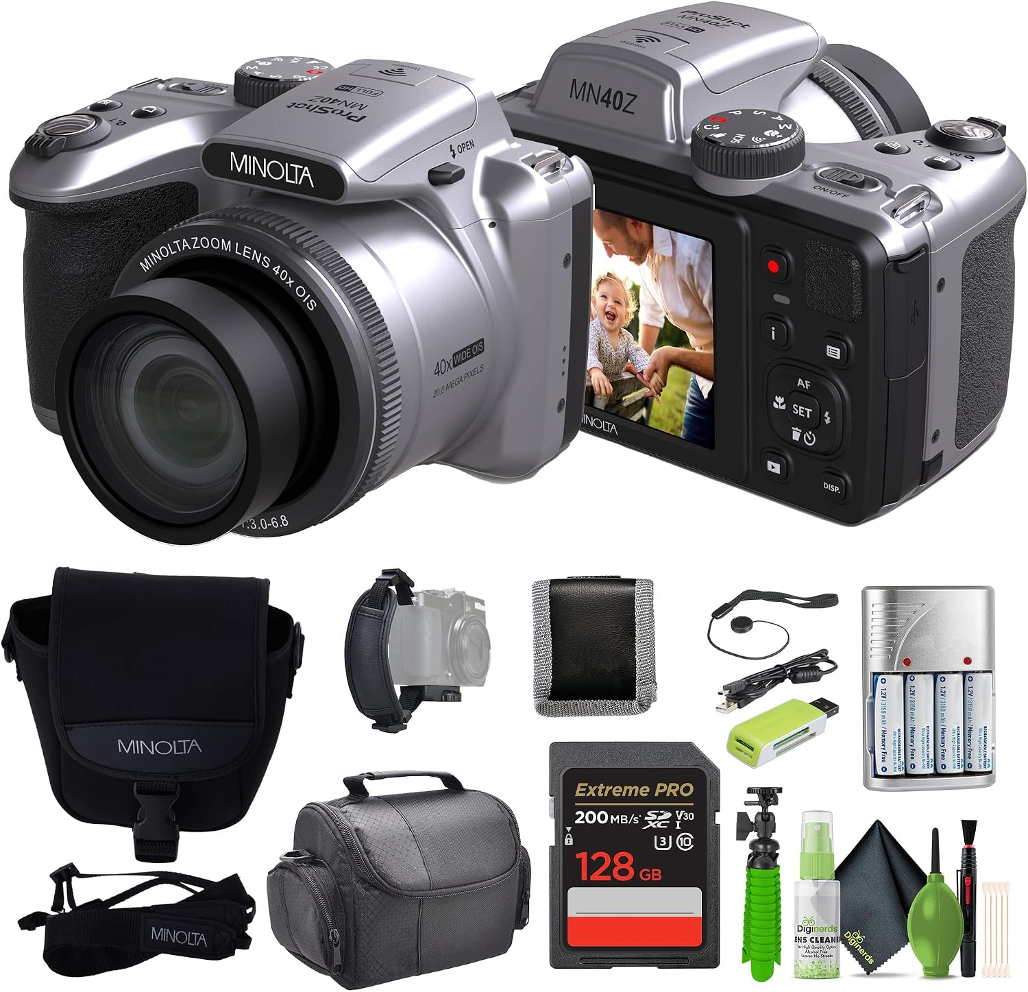 MINOLTA MN40Z 20 Mega Pixels 40x Optical Zoom Digital Camera with 1080p FHD Video, Silver, Bundle with 64GB Memory Card + Vlog Tripod + 4xAA Battery with Charger + Accessories