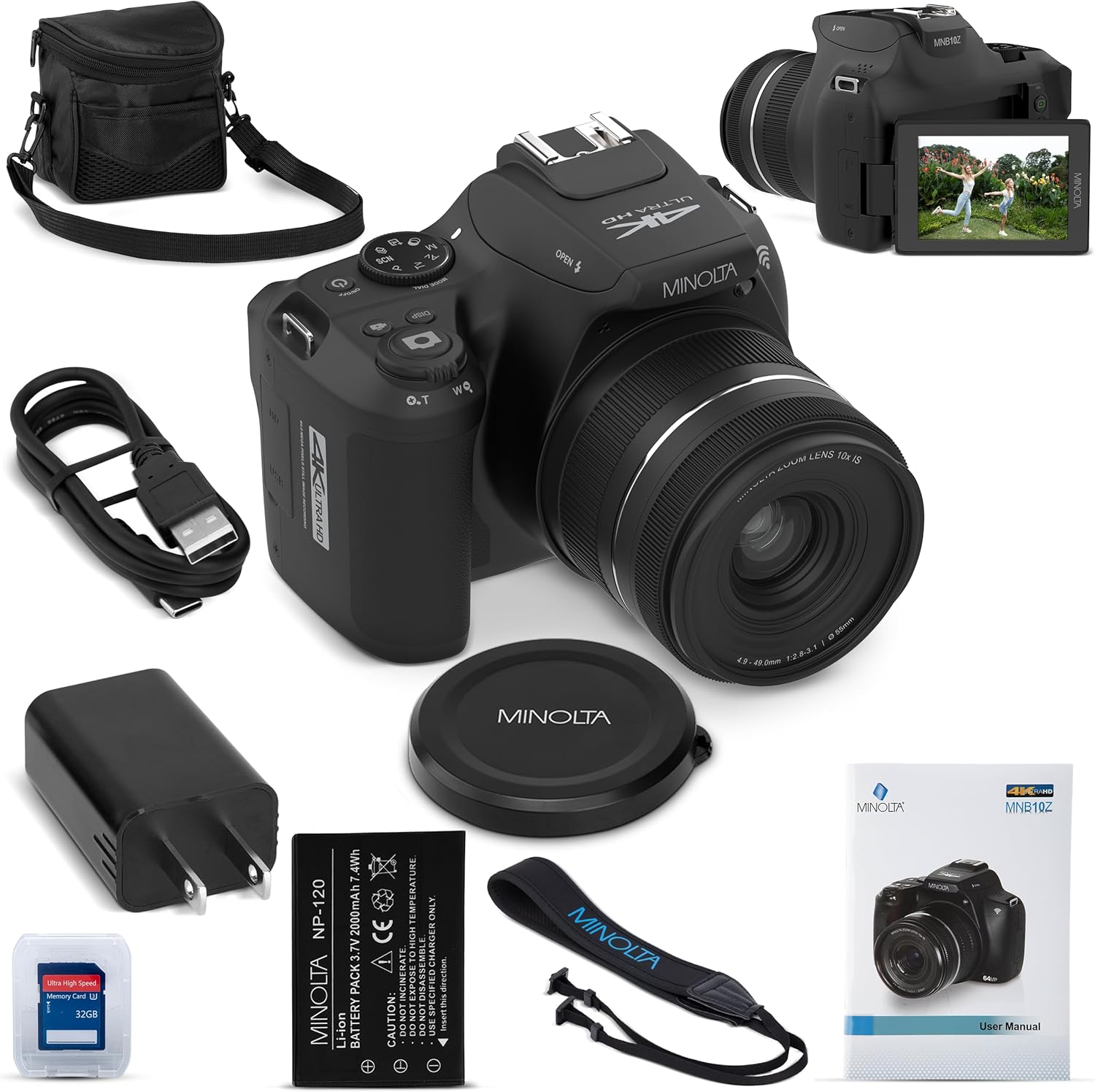 Minolta 64MP Digital Camera – 10x Optical Zoom, 4K Ultra HD Video, Macro Shooting, Anti-Shake, 3-inch LCD Screen, Face Detection – Includes 32GB SD Card, Battery & Case (Black)