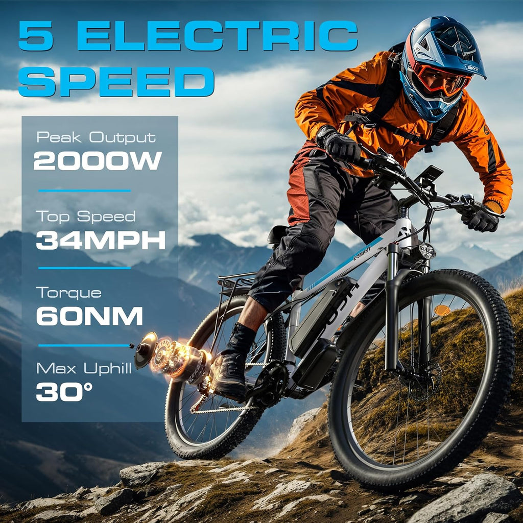 2000W Peak Electric Bike for Adults, 48V 17.5Ah 840Wh 29'' Tires Max 34 mph 30-80 Miles Range City Commuting Class3 Ebike Front Suspension Disc Brake for Off-Road Riding