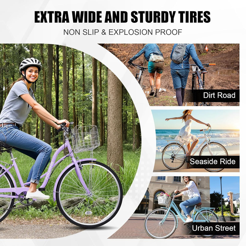 CamPingSurvivals 26' Cruiser Bike Commuter Bike 7 Speed Women's Bicycle Beach Cruiser with Ergonomic Upright Design, Adjustable Saddle, Dual Fenders & V Brake and High Carbon Steel Frame