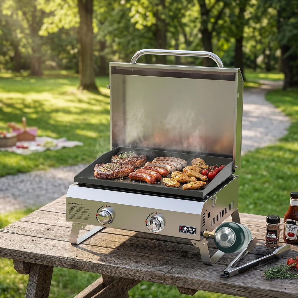ONLYFIRE GRILLS Tabletop Gas Griddle with Foldable Legs, 2-Burner BBQ Propane Flat Top Griddle, Portable Gas Stove for Outdoor Cooking Patio Party Camping Tailgating RV, Stainless Steel, GS318