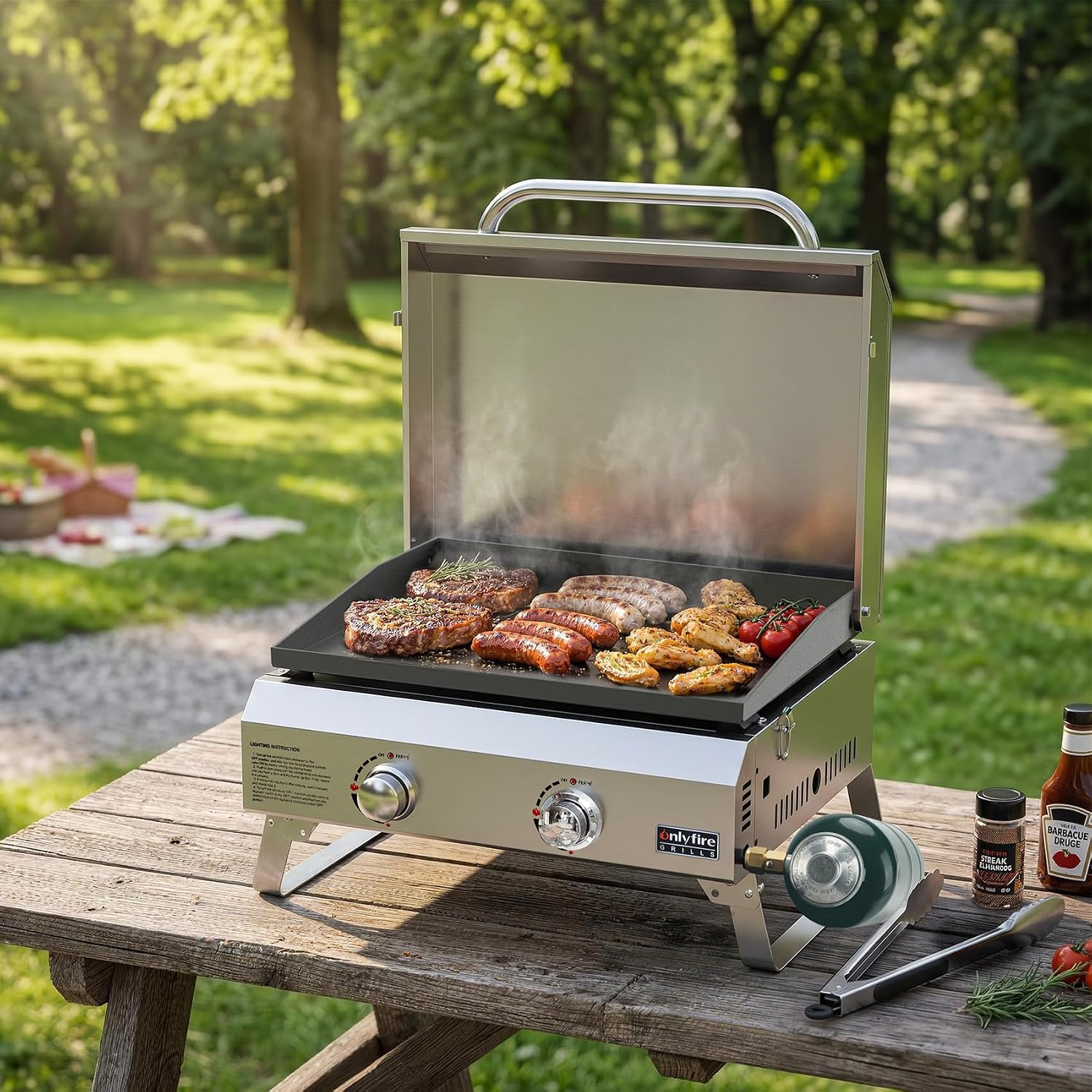 ONLYFIRE GRILLS Tabletop Gas Griddle with Foldable Legs, 2-Burner BBQ Propane Flat Top Griddle, Portable Gas Stove for Outdoor Cooking Patio Party Camping Tailgating RV, Stainless Steel, GS318