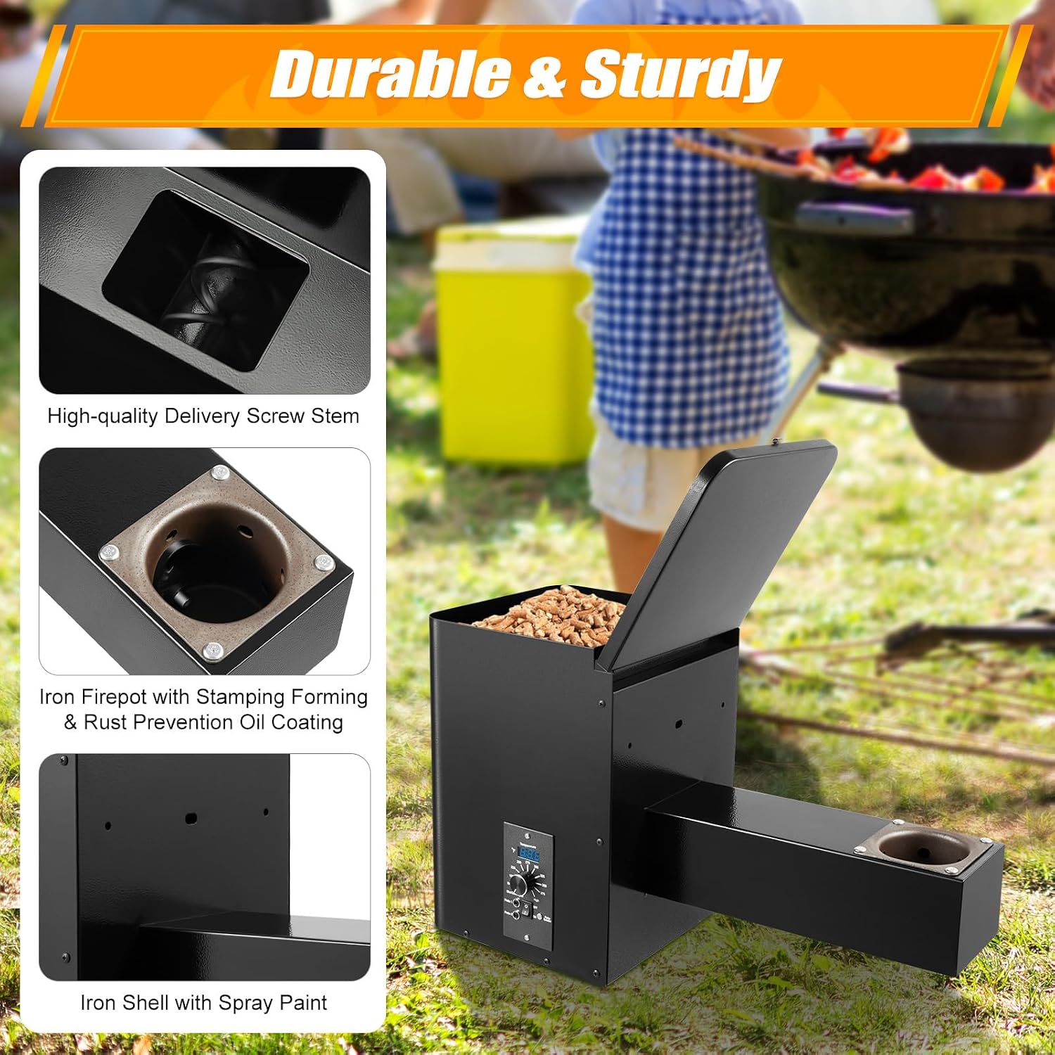 Pellet Smoker Hopper Assembly Kit, 250W 120V Electric Wood Pellet Grill Vertical Pellet Smoker Conversion Kit with Digital Temperature Controller for BBQ Smoke Bake Roast, 180℉- 500℉ Adjustment