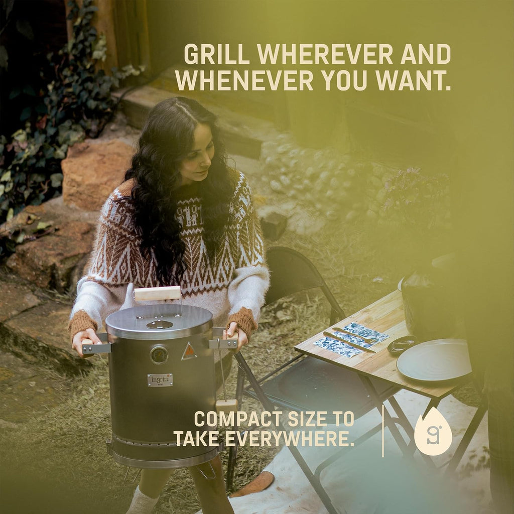 INGRILL Mini Charcoal Grill Smoker Portable BBQ 6 LBS Stainless Steel Barrel for Camping, Small Outdoor Cooking with Thermometer