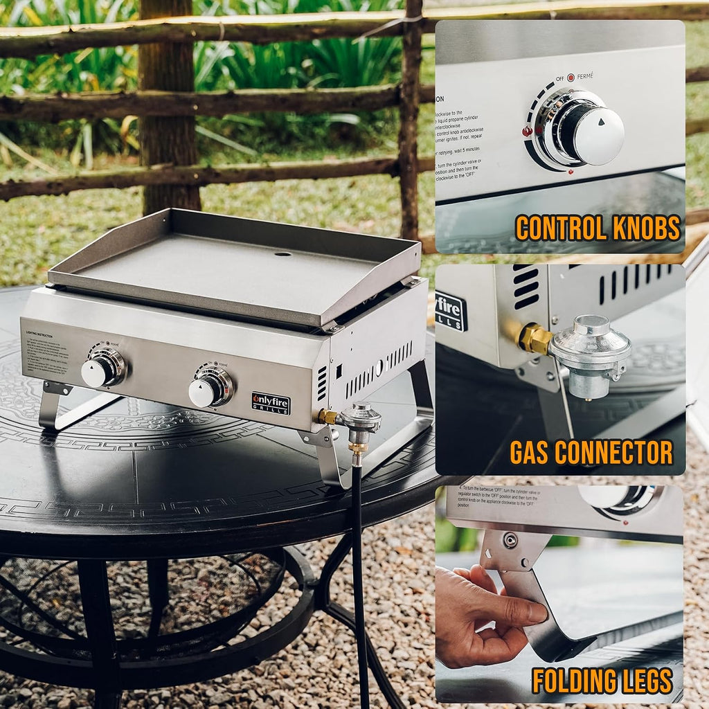 ONLYFIRE GRILLS Tabletop Gas Griddle 2-Burner, Portable Propane Gas Flat Top Griddle 252 SQ.IN Cooking Area, Outdoor Barbecue Stove for Patio BBQ Camping Tailgating RV, Stainless Steel, Classic GS319