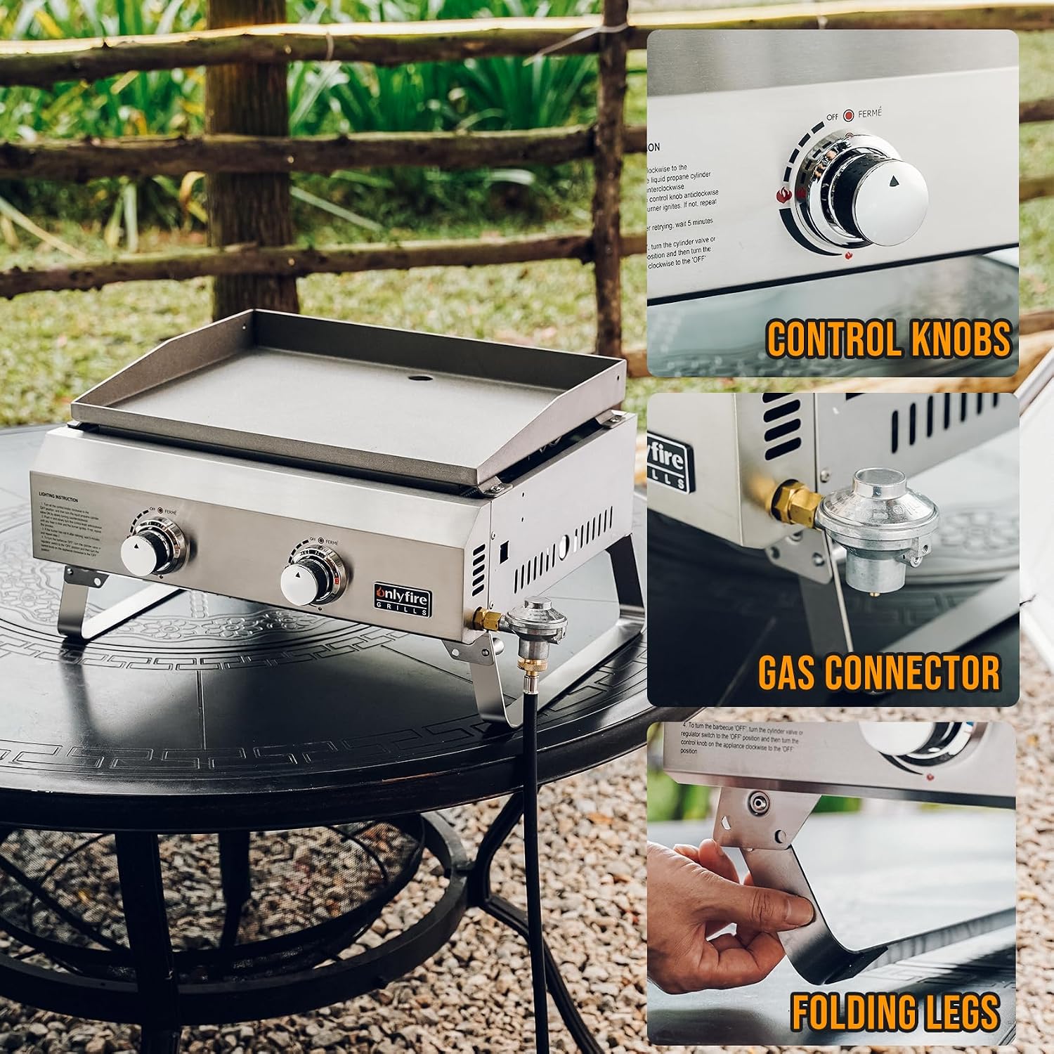 ONLYFIRE GRILLS Tabletop Gas Griddle 2-Burner, Portable Propane Gas Flat Top Griddle 252 SQ.IN Cooking Area, Outdoor Barbecue Stove for Patio BBQ Camping Tailgating RV, Stainless Steel, Classic GS319