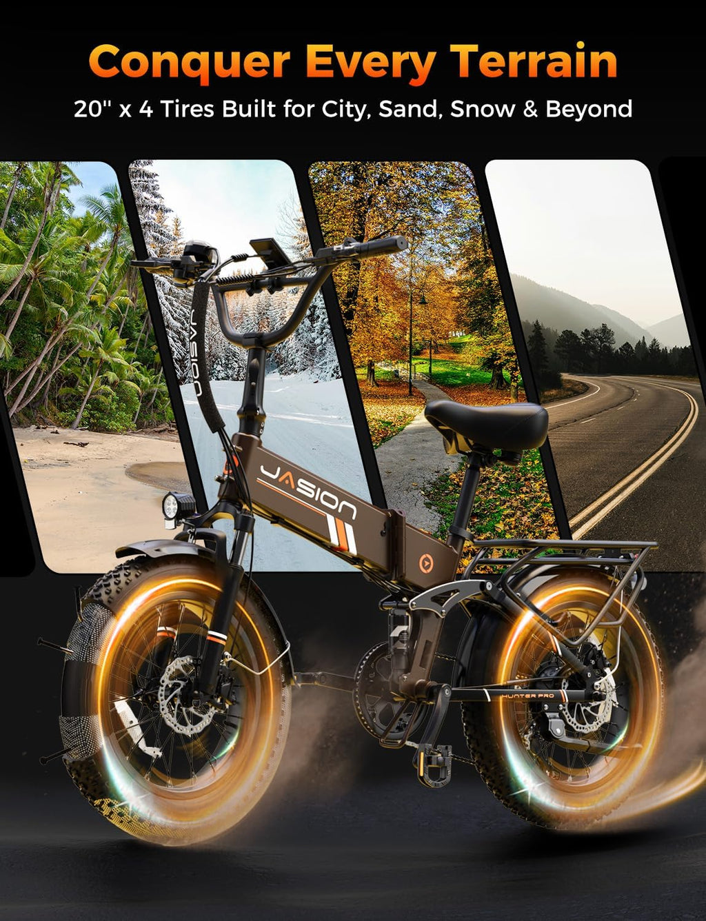 Jasion X Hunter/PRO Electric Bike for Adults,1800W/1400W Peak 20''Fat Tire Foldable Ebike,Folding E Bike Up to 80/70 Miles Range,720/624WH Removable Battery,30 MPH E Bike,Certified by UL2849