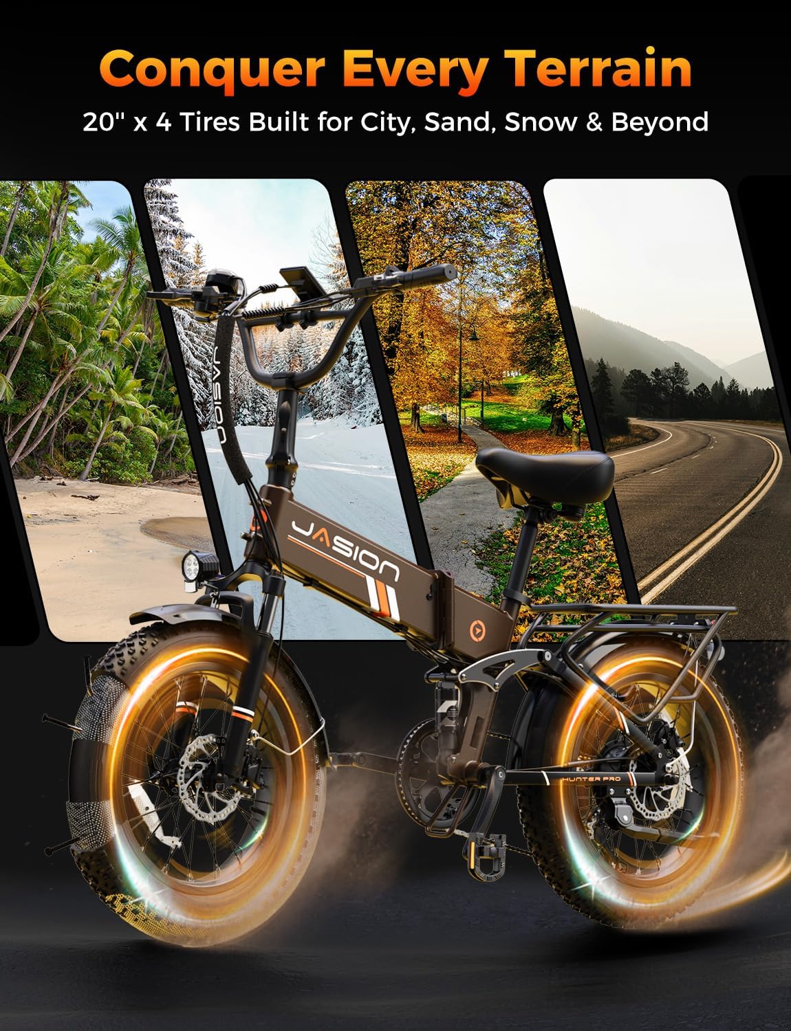 Jasion X Hunter/PRO Electric Bike for Adults,1800W/1400W Peak 20''Fat Tire Foldable Ebike,Folding E Bike Up to 80/70 Miles Range,720/624WH Removable Battery,30 MPH E Bike,Certified by UL2849