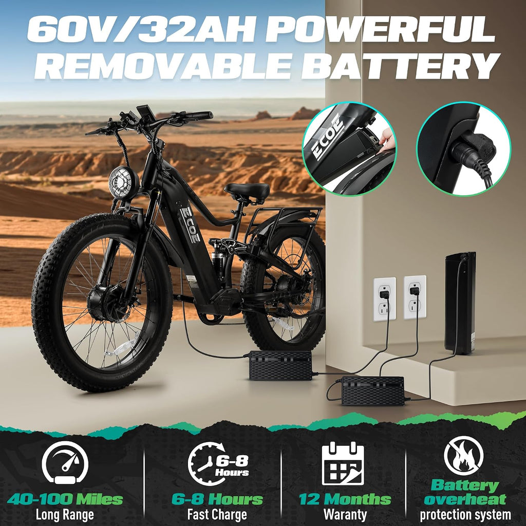 EcoE 7000/9000W Dual Motor Electric Bike for Adults 52MPH Charge Voltage 63 V32A, 26x4 Fat Tire All Terrain Ebikes, Full Suspension E Bike, SHM 7-Speed Gear Electric Bicycle