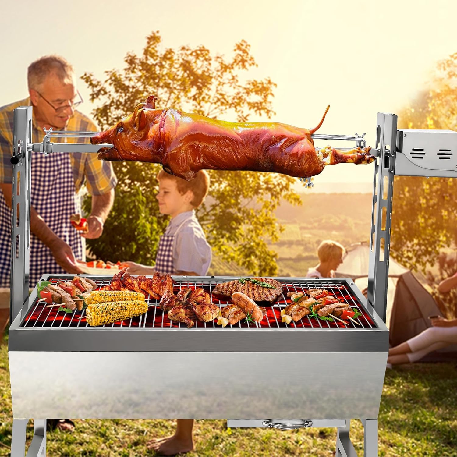 132 LBS Rotisserie Grill Stainless Steel Charcoal Spit Roaster, 37' Pig Lamb Hooded Roaster Charcoal Spit With 25W Motor & Adjustable Height Lockable Casters For Outdoor Party Barbecue