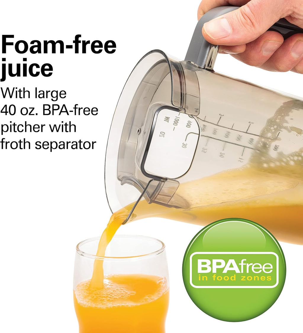 Hamilton Beach Juicer Machine, Centrifugal Extractor, Big Mouth 3' Feed Chute, Easy Clean, 2-Speeds, 40 oz. BPA Free Pitcher, 850 Watt Motor, Silver (67850)