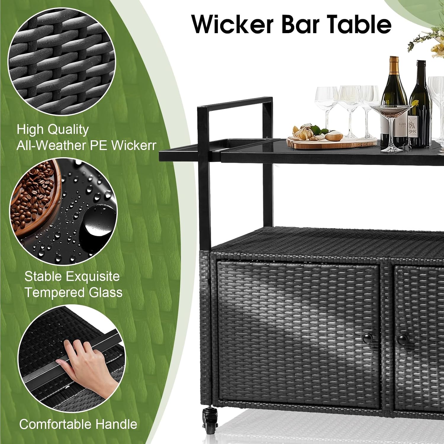 VINGLI Wicker Outdoor Bar Cart with Storage and Wheels, Outdoor Bar Table Serving Cart Rattan Bar Cart with Glass Top and Shelf for Pool, Party, Backyard, Porch (Black)