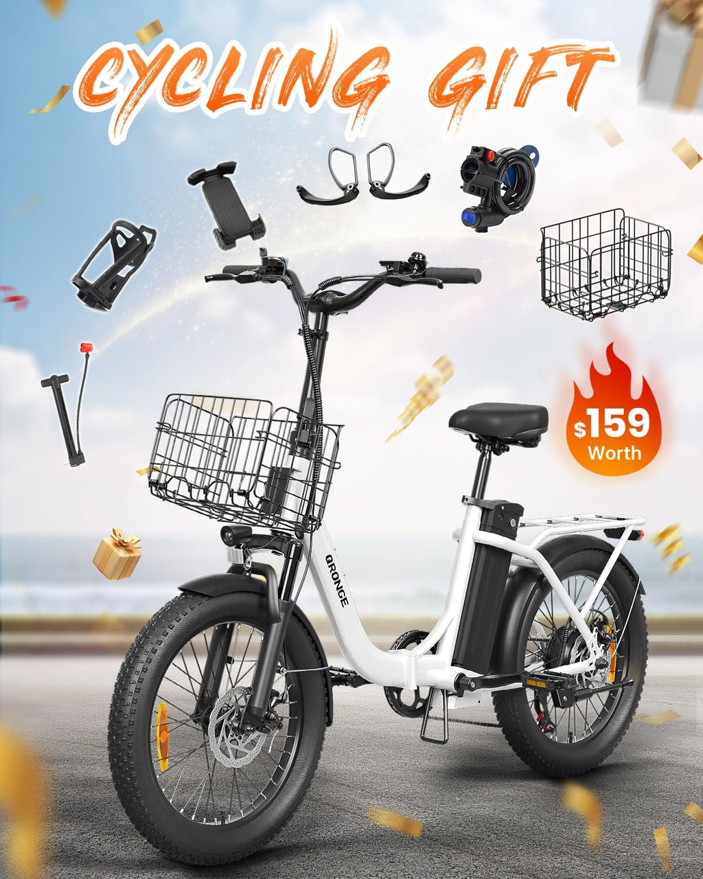 QRONGE Electric Bike, 1000W Peak Folding Electric Bike, 486Wh 70 Miles Range Ebike, 20' Step-Thru Bicycle with Front Basket, Waterproof Removable Battery, 7 Speed, 25 MPH Max