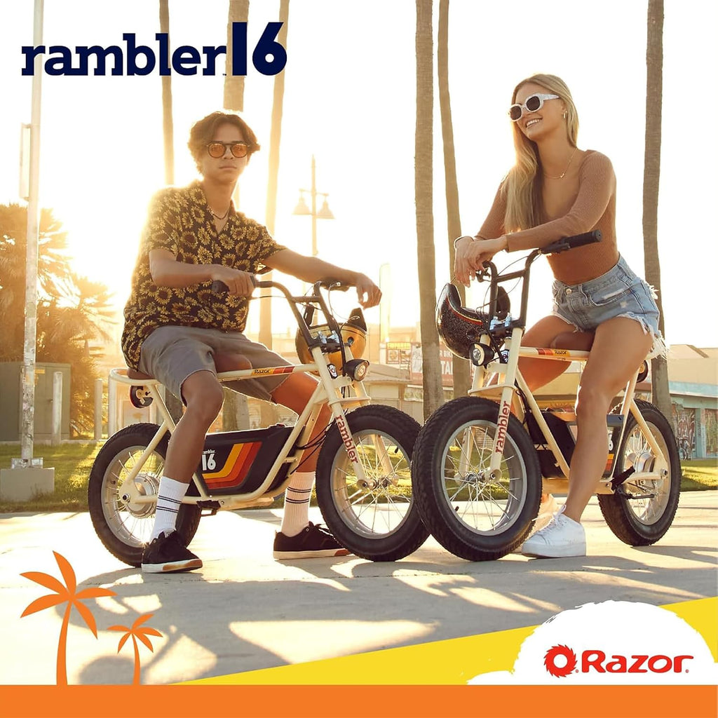 Razor Rambler 16 Electric Retro Mini Bike Ride for Teens Ages 18+, 220 lb Max Weight, Tan – 350W Motor, Up to 15.6 Mph, 45-Min Run Time, Twist-Grip Throttle, Spoked Wheels w/ 16' Pneumatic Tires