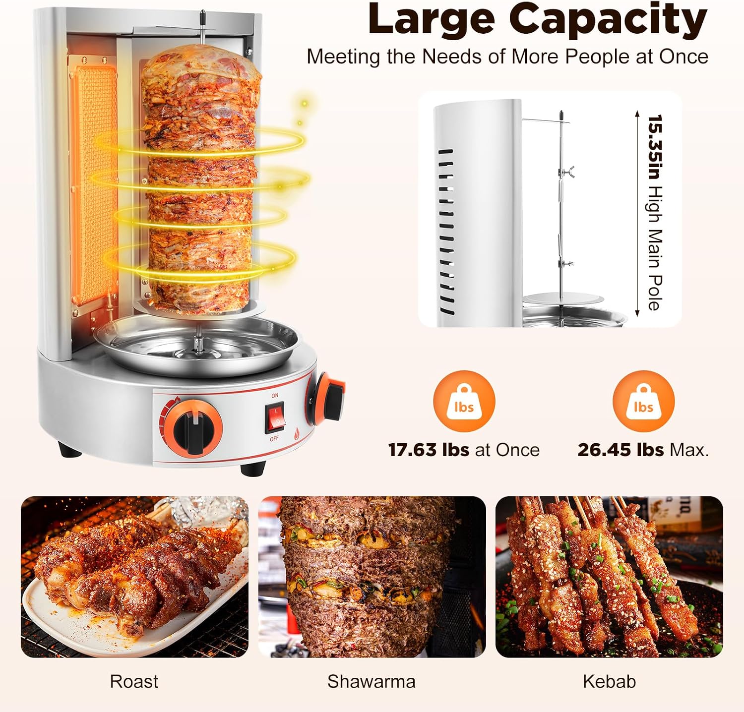 Professional Commercial Doner Kebab Machine,Automatic Rotation Vertical Broiler,Stainless Steel LPG Roasters Barbecue,Meat Catcher for Restaurant Dinner Home Kitchen Garden,3000W (LPG)