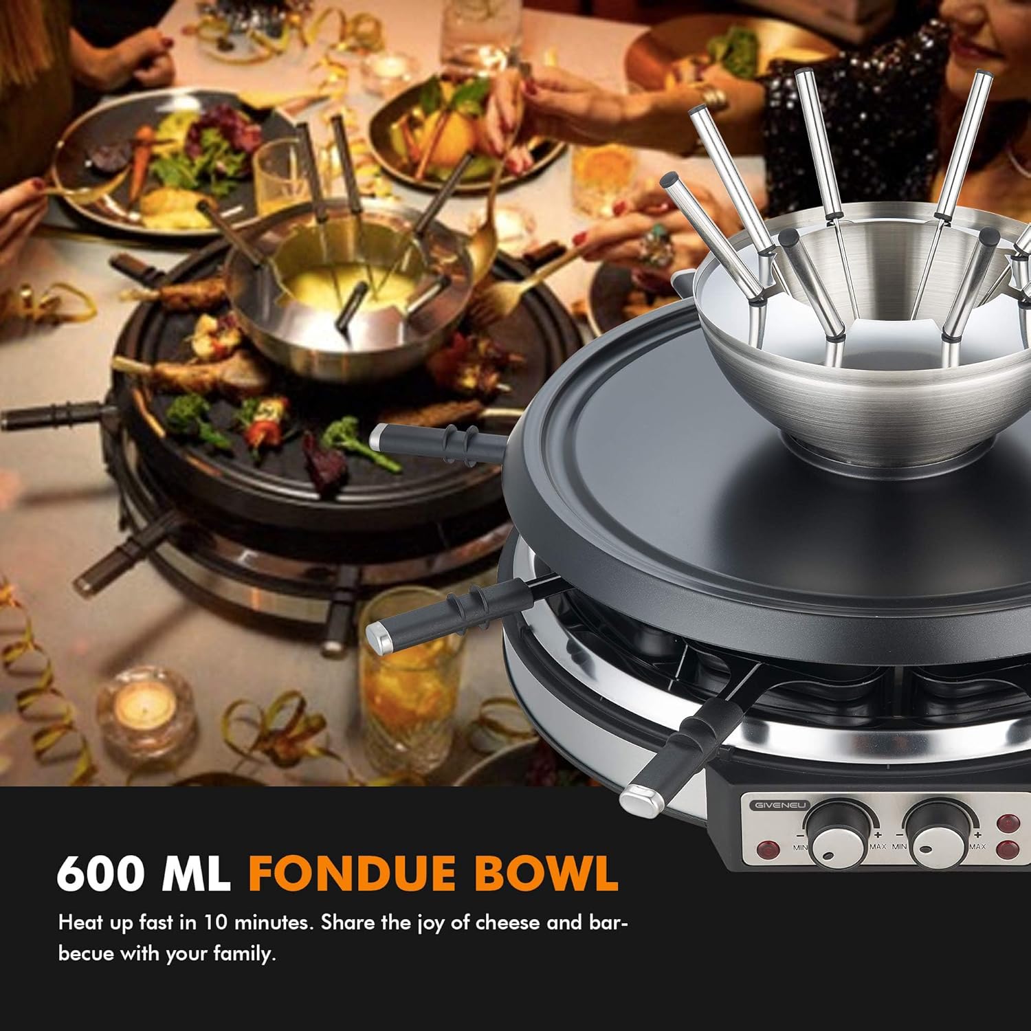 GIVENEU 2-in-1 Electric Fondue Pot Set & Raclette Grill Combo (8 Person), 1500W Indoor Tabletop BBQ with 600ml Stainless Steel Cheese/Chocolate Melting Pot, Dual Thermostats for Holiday Family Parties