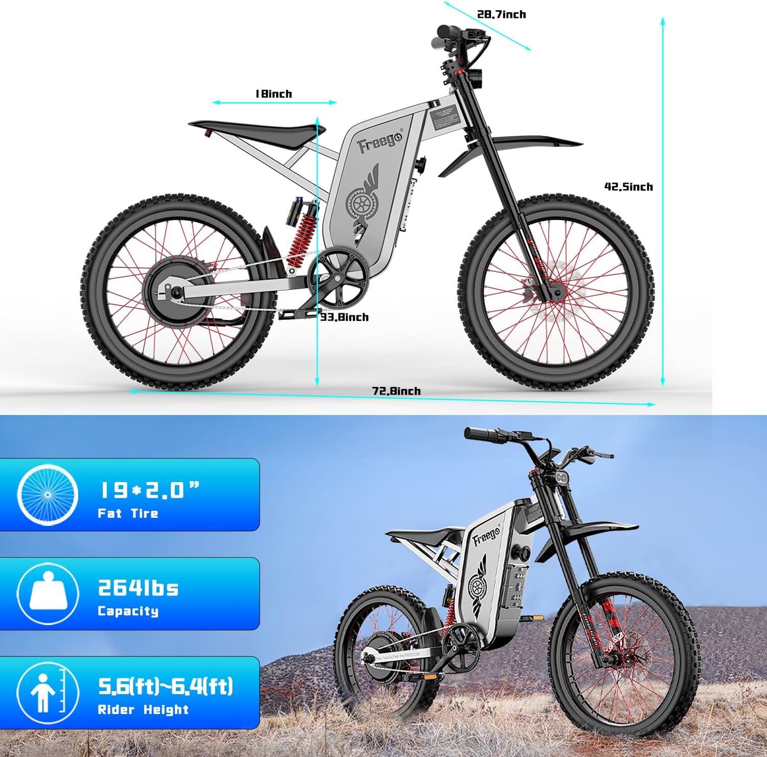 Freego Electric Motorcycle for Adults, X2Pro Electric Dirt Bike 6000W(Peak) Motor 60V/30Ah Battery,50MPH Off Road Electric Bicycle,19x2 Tire Full Suspension/Four-Piston Hydraulic Brake