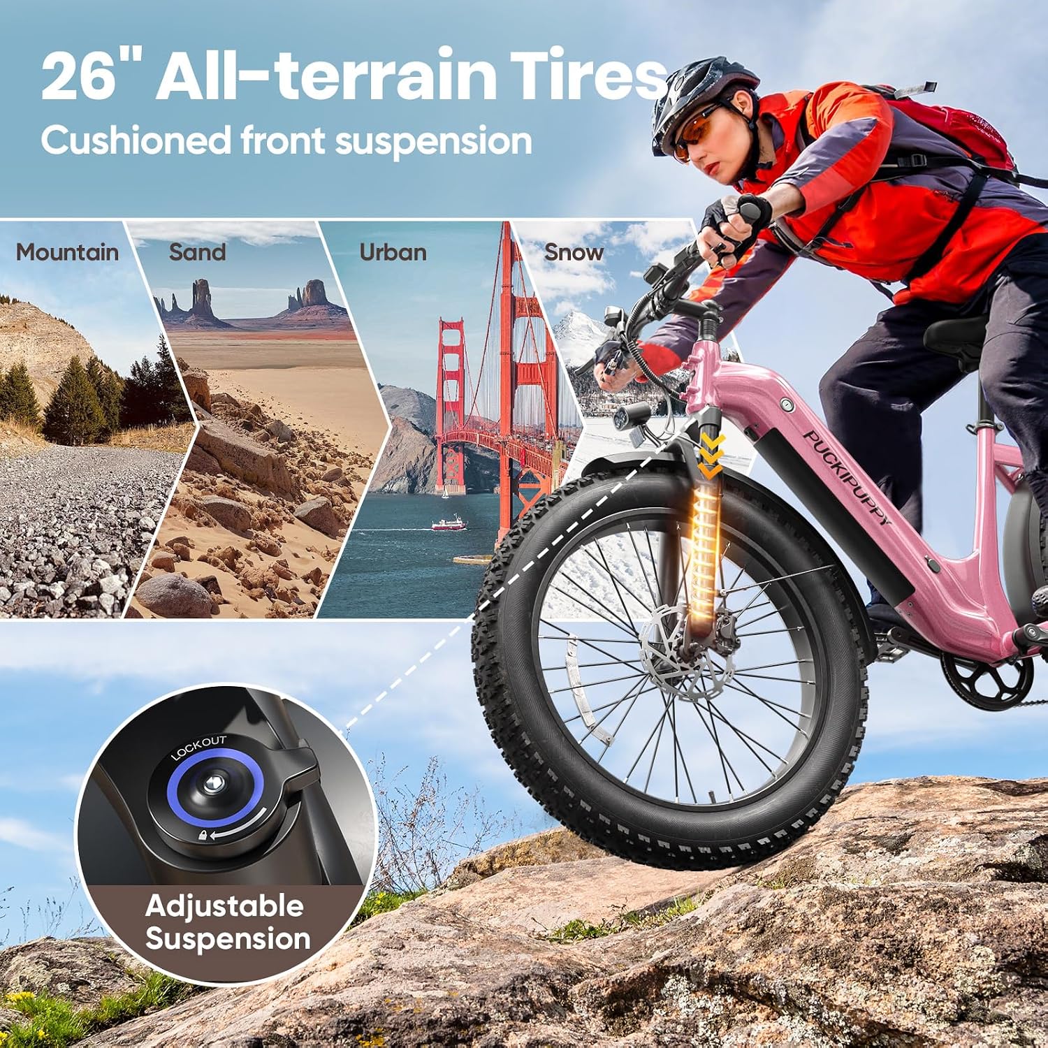 PUCKIPUPPY Electric Bike for Adults 960W, 26' Fat Tire, Step-Through Design Electric Mountain Hunting Bike, 48V 15AH Max 28MPH Off-Road Ebike with Rear Storage Shelf