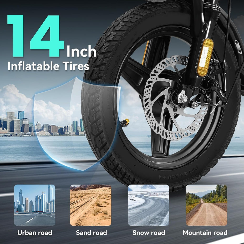 Electric Bike for Adults and Teens, 560W Motor 24MPH Compact Commuter Ebike, 32 Miles Range, 48V 10Ah Battery, 3 Shock Absorbers, 14' Mini Foldable Electric Bicycles with Basket, UL 2849 Certified