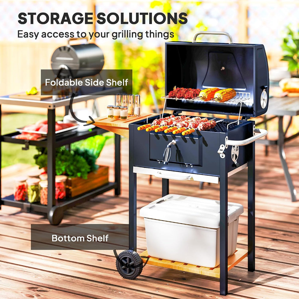 Outsunny Charcoal BBQ Grill, Outdoor Portable Cooker for Camping or Backyard Picnic, Barbecue Grill with Side Table, Bottom Storage Shelf, Wheels and Handle, Black