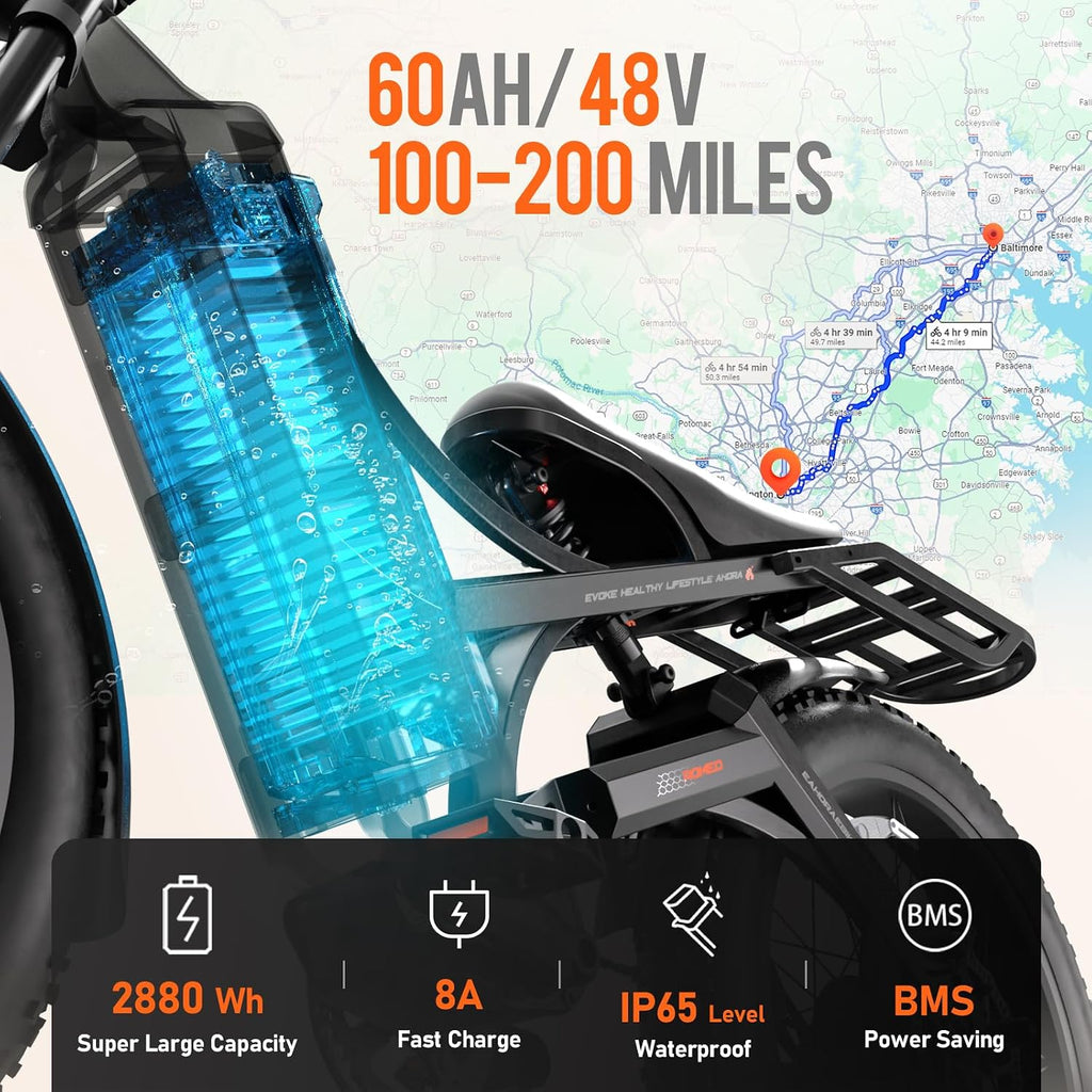 eAhora 2026 Romeo Pro 3 5600W 50Mph High-Torque Ebike, 60V 80Ah 250-Mile Long Range Electric Bike for Adults, Adjustable Air Suspension, 26'' Puncture-Proof Tire, UL 2849 Certified by TÜV