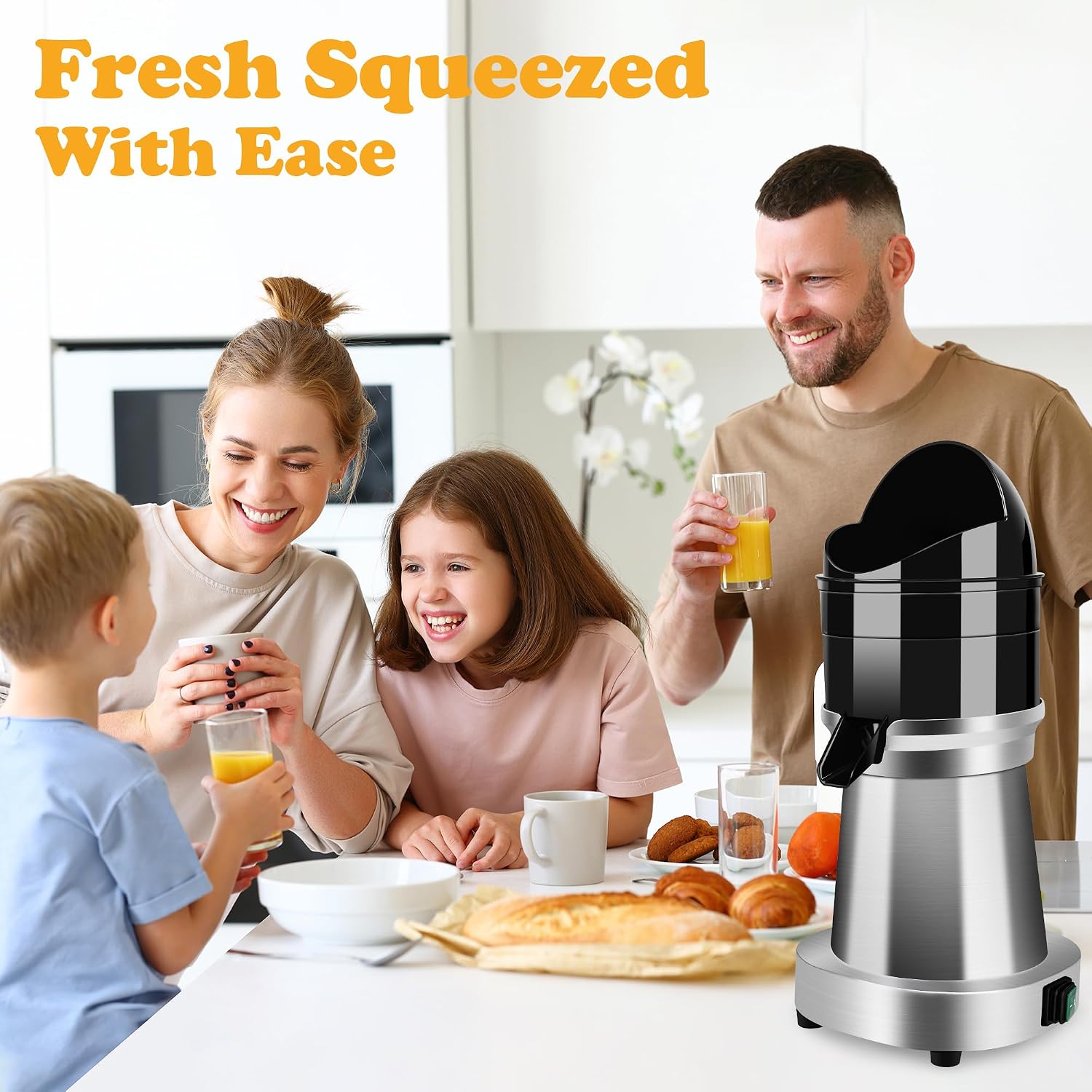 YUANHAO Commercial Electric Citrus Juicer Machine, 120V 1400 RPM with 3 Reamers & Splash Guard, Stainless Steel Automatic Orange/Lemon/Grapefruit Juicer for Bars, Restaurants, Home Use