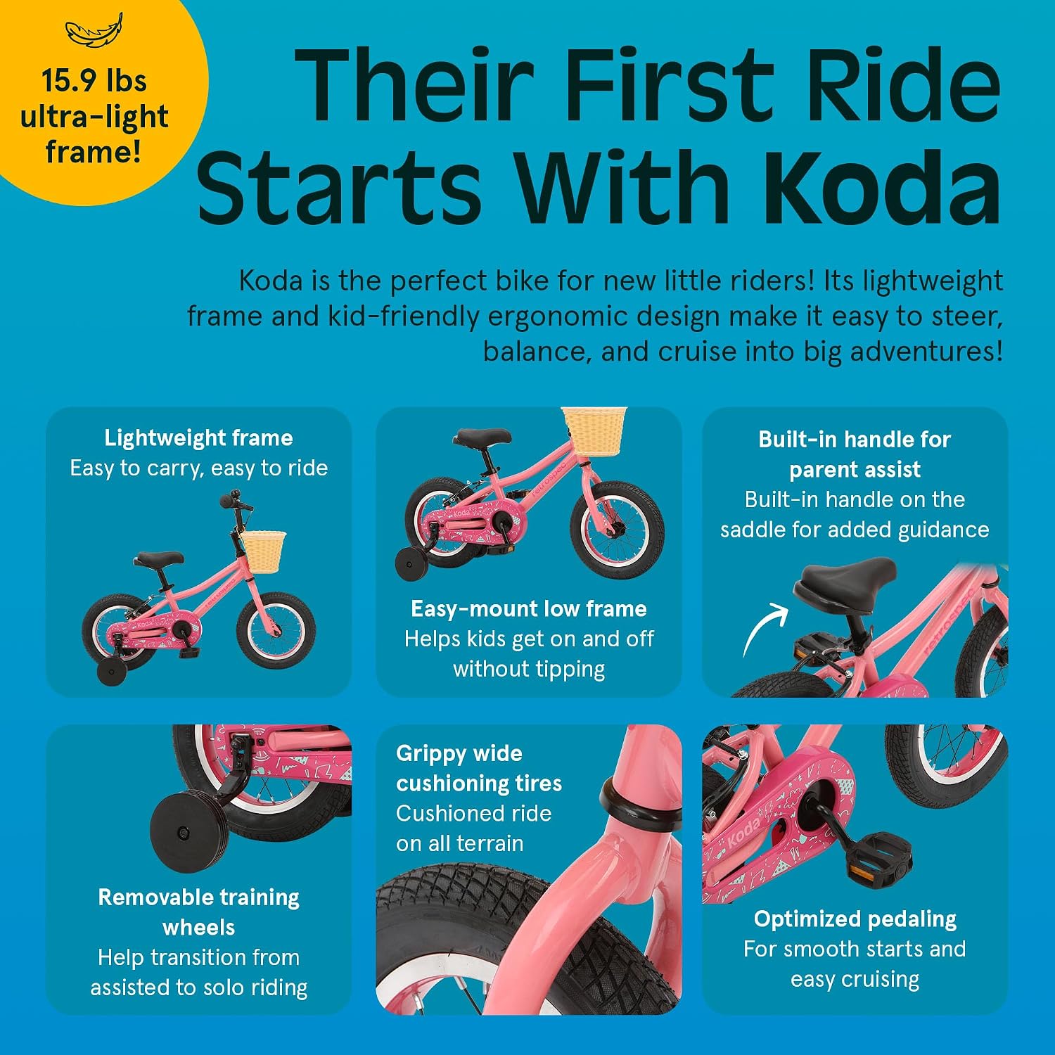 Retrospec Koda Plus Kids Bike for Boys & Girls Ages 2-3 Years - Children's Bicycle, Adjustable Seat & Handlebars, Removable Training Wheels, Front Hand Brakes, Rear Coaster Brake & Safety Bell