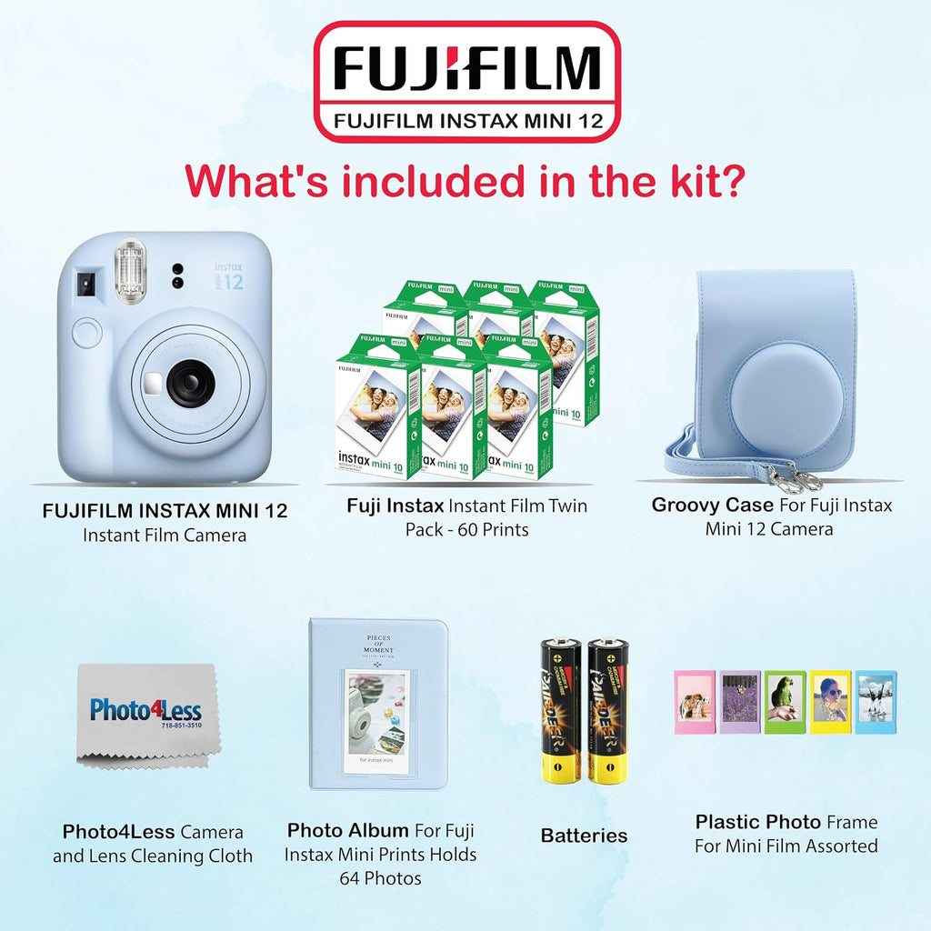 Fujifilm Instax Mini 12 Instant Camera Bundle with Fujifilm Instax Mini Instant Film Value Pack (60 Sheets) with Accessories Including Protective Case, Strap, Photo Album (Pastel Blue)
