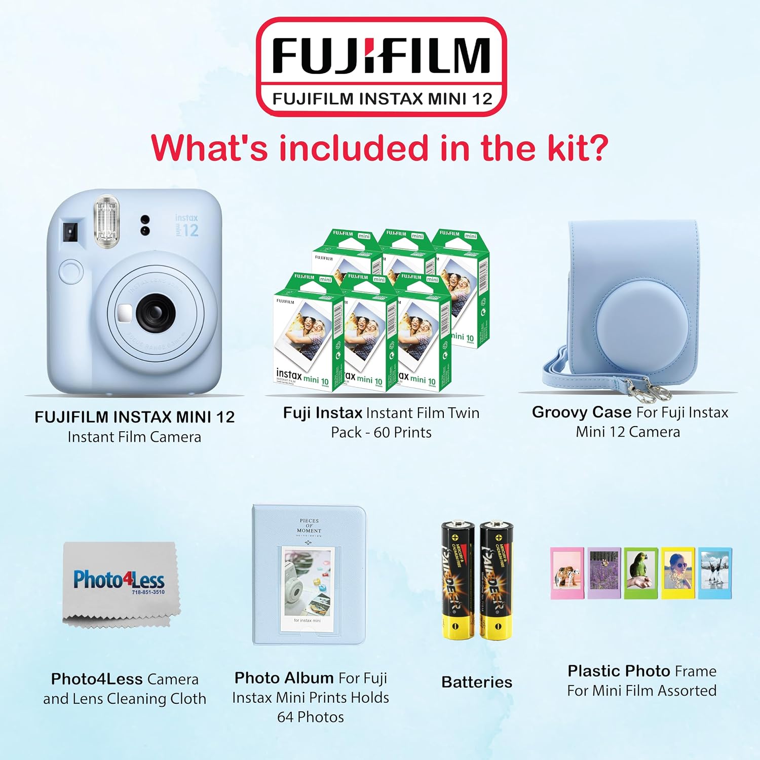Fujifilm Instax Mini 12 Instant Camera Bundle with Fujifilm Instax Mini Instant Film Value Pack (60 Sheets) with Accessories Including Protective Case, Strap, Photo Album (Pastel Blue)