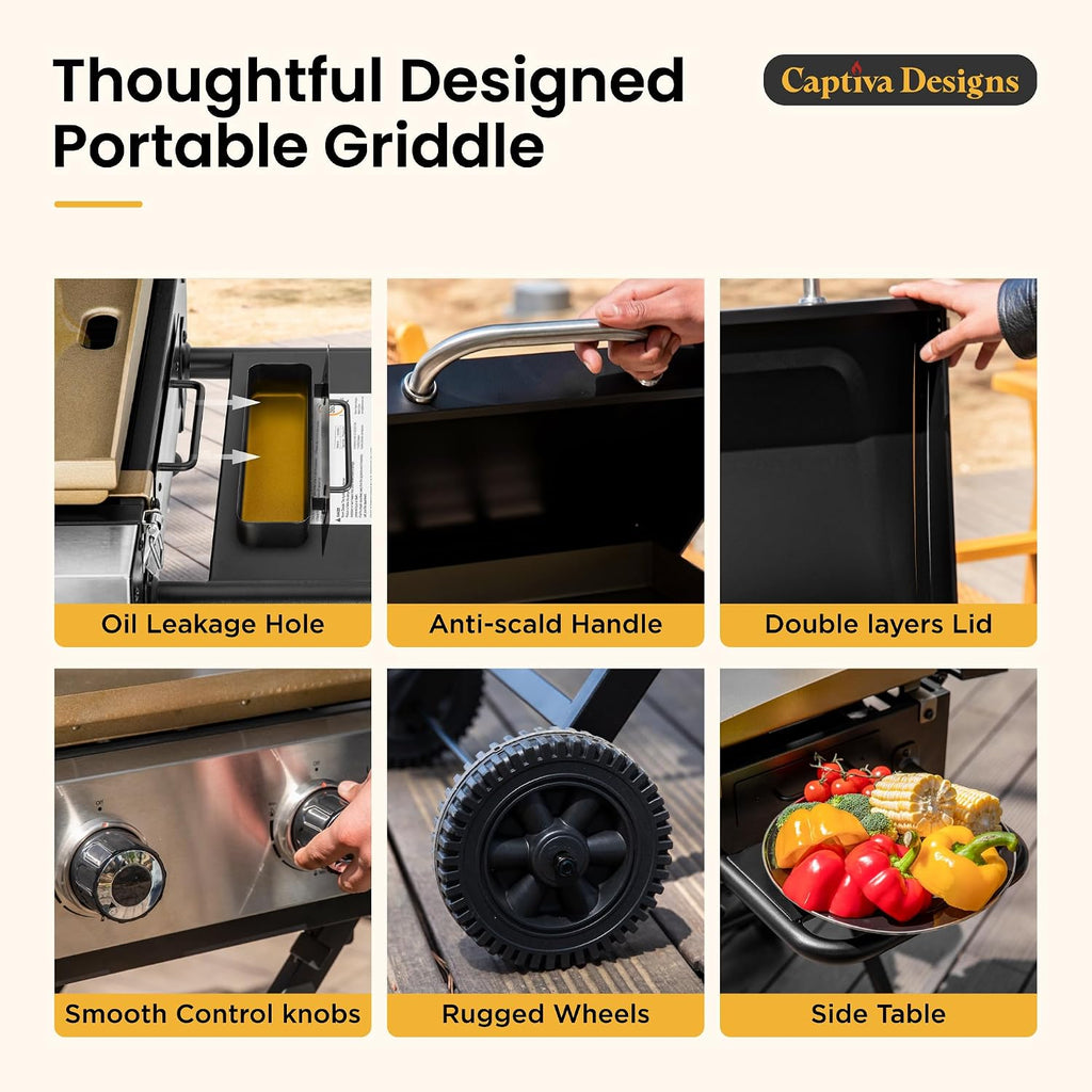 Captiva Designs 17 Inch 2 Burner Portable Propane Gas Griddle Grill with Lid, Outdoor Foldable Flat Top Grill with Stand for Barbecue, Camping and Tailgating