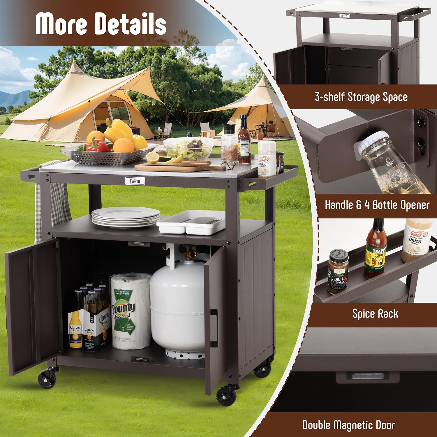 Feasto Outdoor Grill Cart with Stainless Steel Tabletop and Storage Cabinet, Movable Kitchen Island with Wheels for BBQ Food Prep, Brown