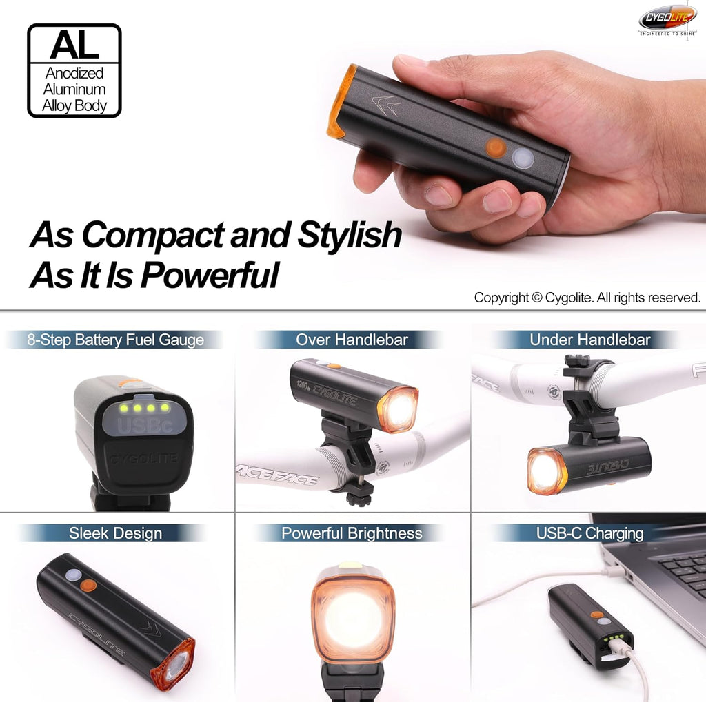 Cygolite Velocity 1600, 1200, 1000, 800 Lumen USB-C Bike Lights – Anodized Aluminum Alloy – 9 Light Modes – Fine Tunable Brightness - Compact, IP67 Waterproof – Hard Mount – Road & Mountain