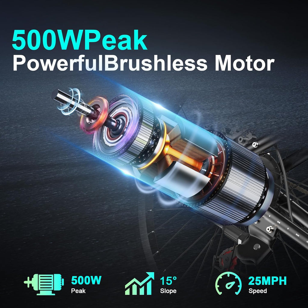 26' Electric Bike for Adults, E-Bike Commuter–500W Brushless Motor,375/749WH, 7-Speed, Front Suspension Fork, 20/28MPH Top Speed, 40+ Miles Long Range