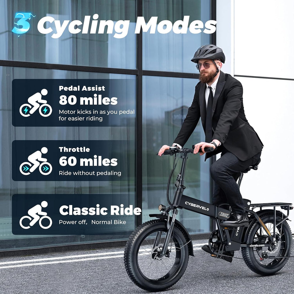 Cybervelo 750W Folding Electric Bike,48V 20AH Removable Battery EBike,20MPH,80 Miles Max Range Electric Bike for Adults, 20' Fat TireFoldable ebike, Adult Electric Bicycles