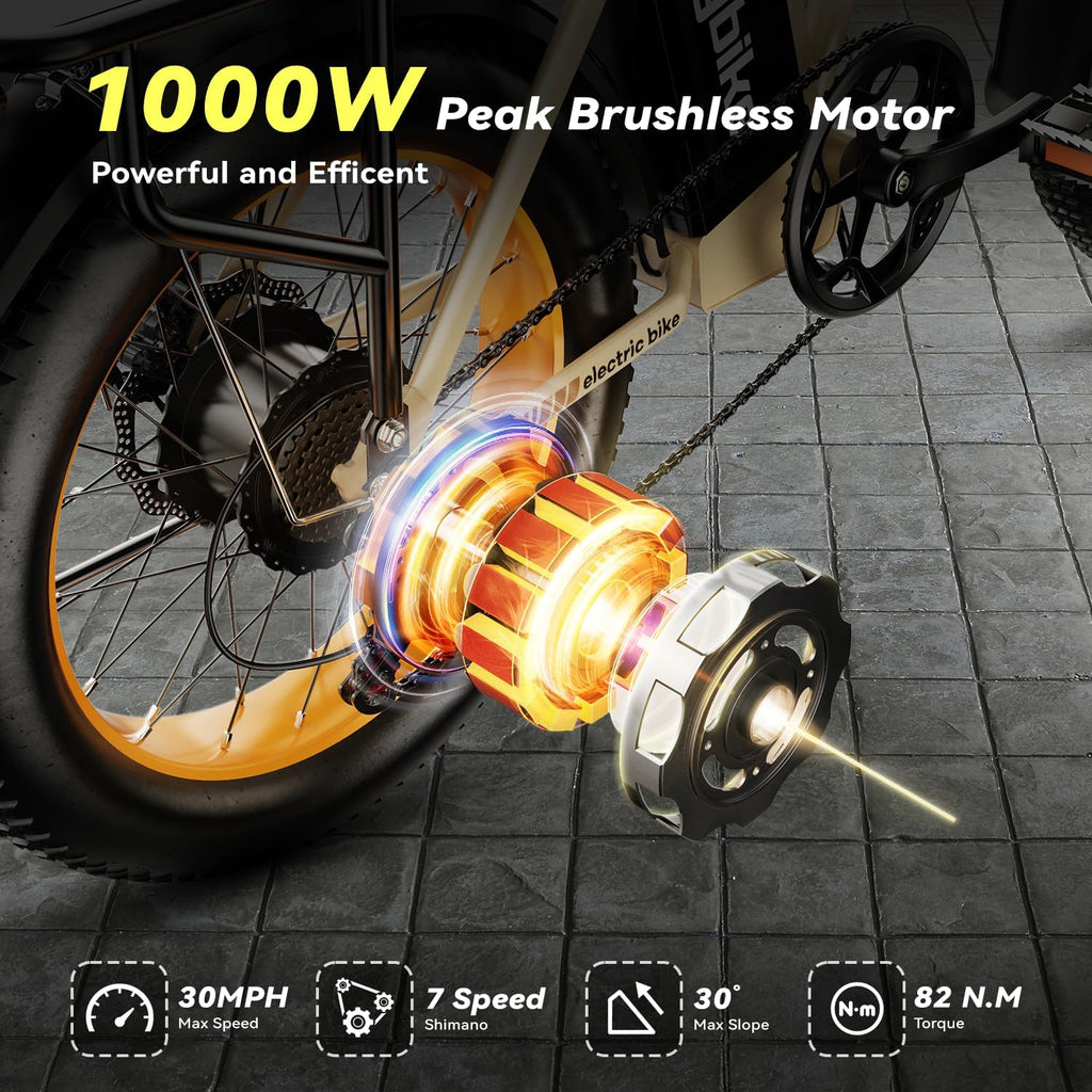 Foldable Electric Bike for Adults, 30+MPH, 48V 20Ah Removable Battery up to 80Miles, 20' Fat Tire Peak 1000W Motor Dirt Ebike Adult Electric Bicycle for City Commute Beach Mountain Adventurous E Bike