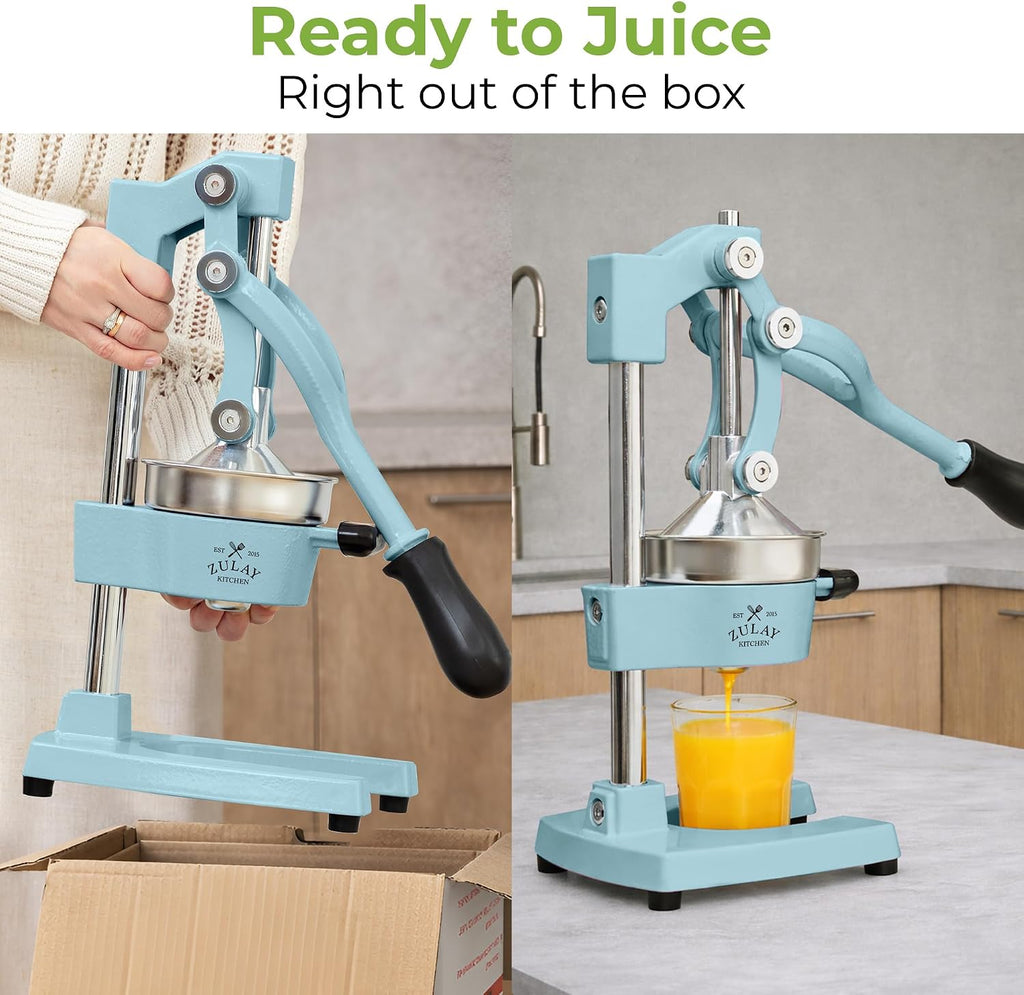 Zulay Kitchen Cast-Iron Orange Juice Squeezer - Heavy-Duty, Easy-to-Clean, Professional Citrus Juicer - Durable Stainless Steel Lemon Squeezer - Sturdy Manual Citrus Press & Orange Squeezer (Blue)