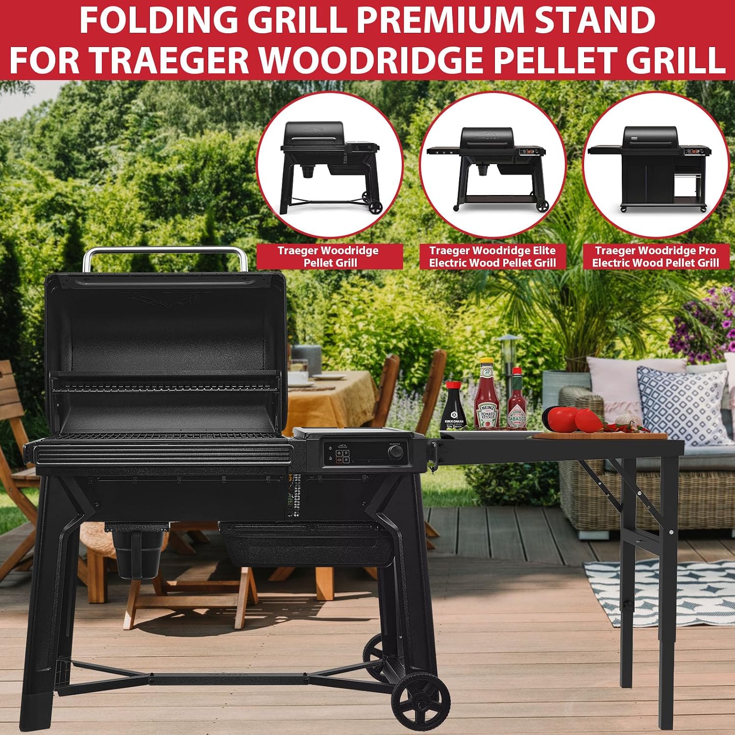 Grill Stand for Traeger Woodridge Pro/Elite Grills, Portable Folding Side Table for Traeger Woodridge Electric Wood Pellet Grill, Extra Side Shelf Provide More Space