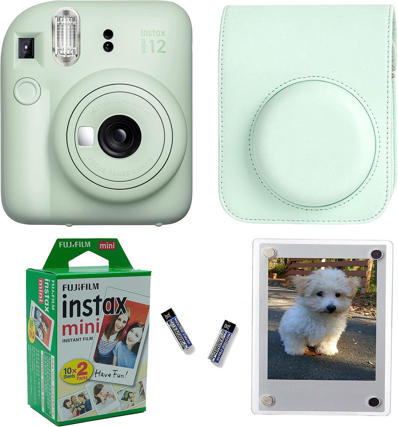 Fujifilm Instax Mini 12 Instant Camera + Pro Design Protective Case & Magnetic Lucite Frames, 20 Sheets (Mint Green)