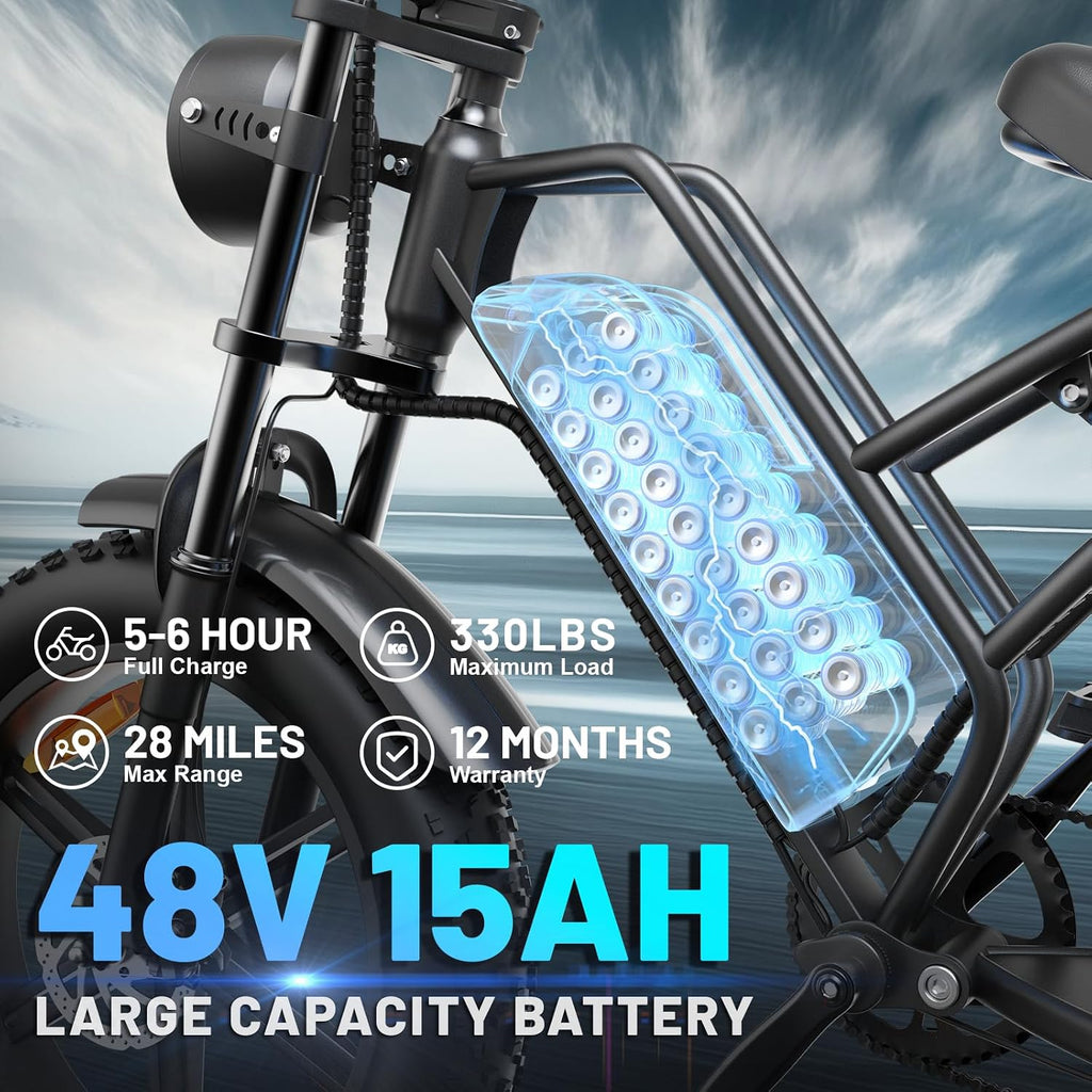 Electric Bike for Adult, 20' 4.0' Fat Tire 750W Continuous / 1000W Max， 28MPH, 48V 15ah Removable Battery, 50-60+ Miles Range,UL2849 Certified