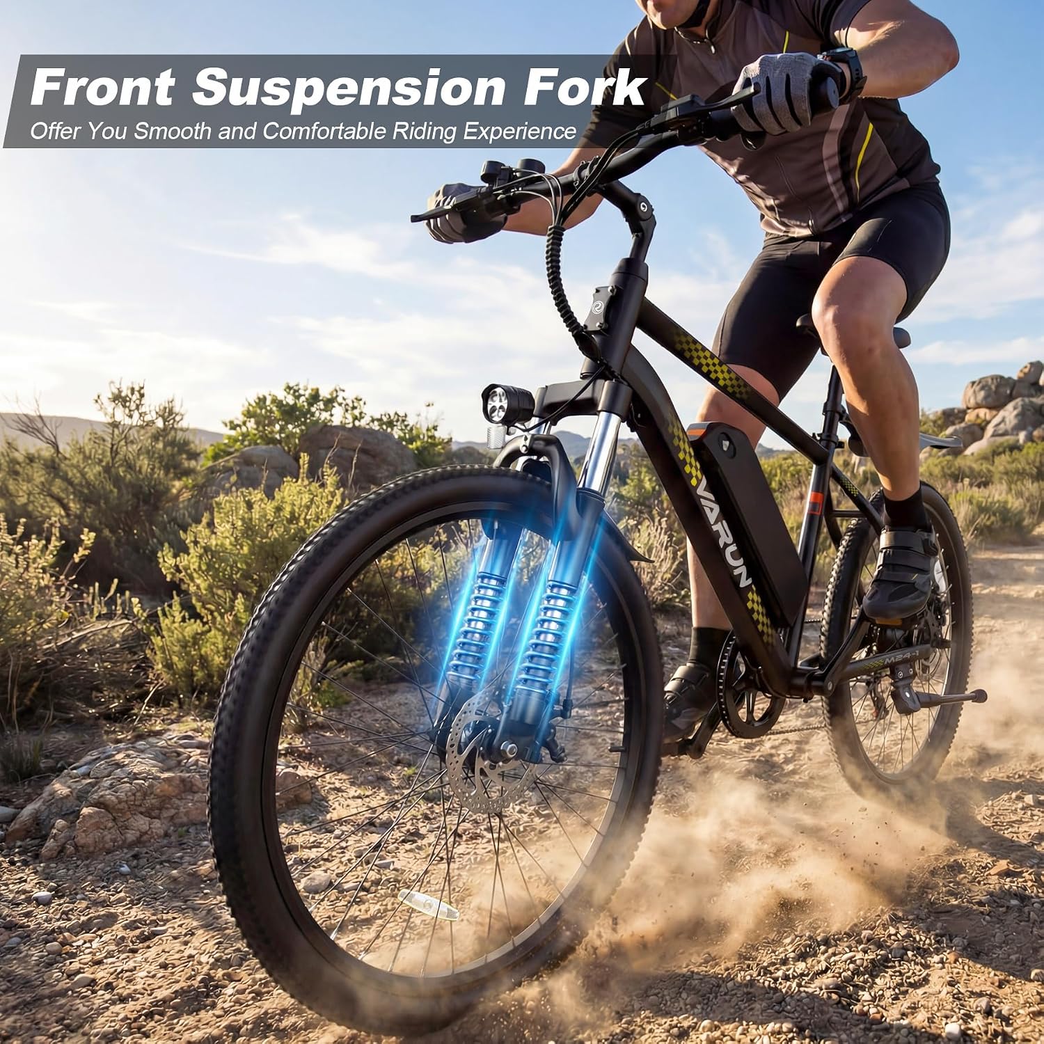 VARUN Electric Bike - 500W Peak Motor, 24/26' All-Terrain E-Bike, Up to 40 Miles & 20 MPH, Removable Battery, 7-Speed, Front Suspension, Dual Disc Brakes, with Free Accessory Pack